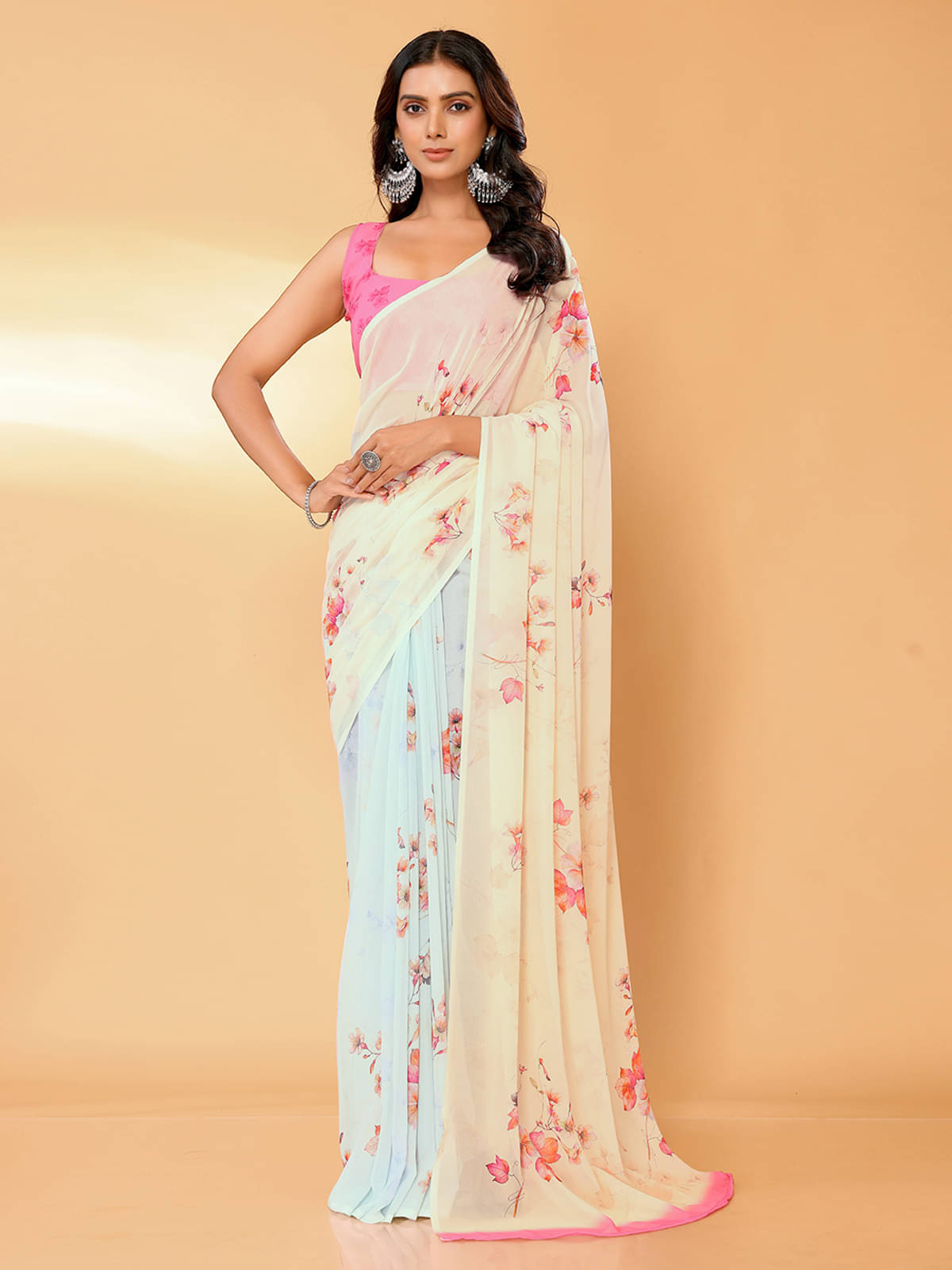 Janasya Georgette Printed Saree With Unstitched Blouse Piece ( Pink ) Janasya Georgette Printed Saree With Unstitched Blouse Piece ( Pink )