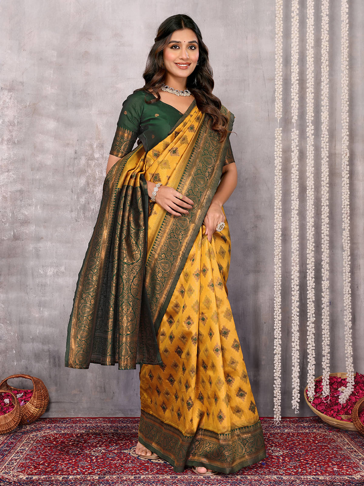     			Janasya Kanjivaram Silk Printed Saree With Unstitched Blouse Piece ( Mustard )