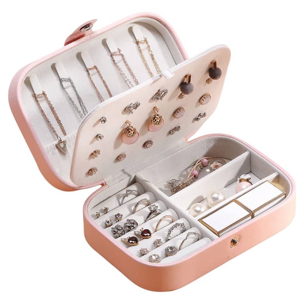     			Jewellery Organiser PU Leather Zipper Portable Storage Box Case with Dividers Container for Rings, Earrings, Necklace Home Organizer, Pink