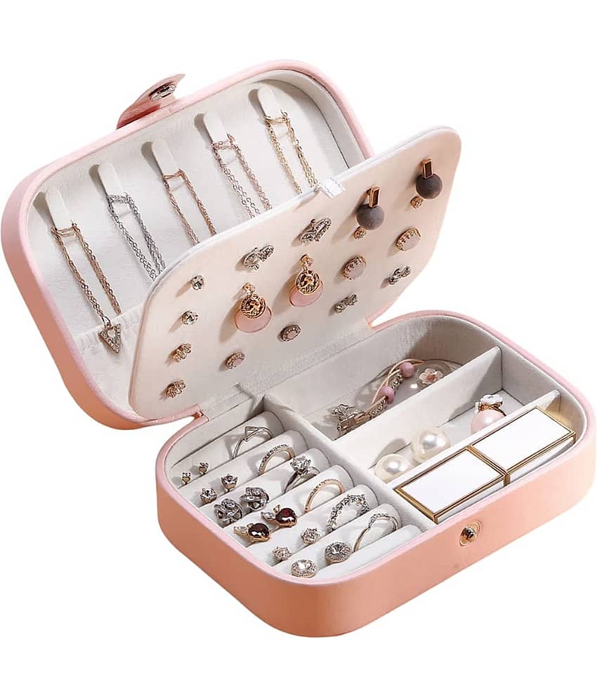Jewellery Organiser PU Leather Zipper Portable Storage Box Case with Dividers Container for Rings, Earrings, Necklace Home Organizer, Pink - Jewellery Sets | Buy online on ZillyBuy