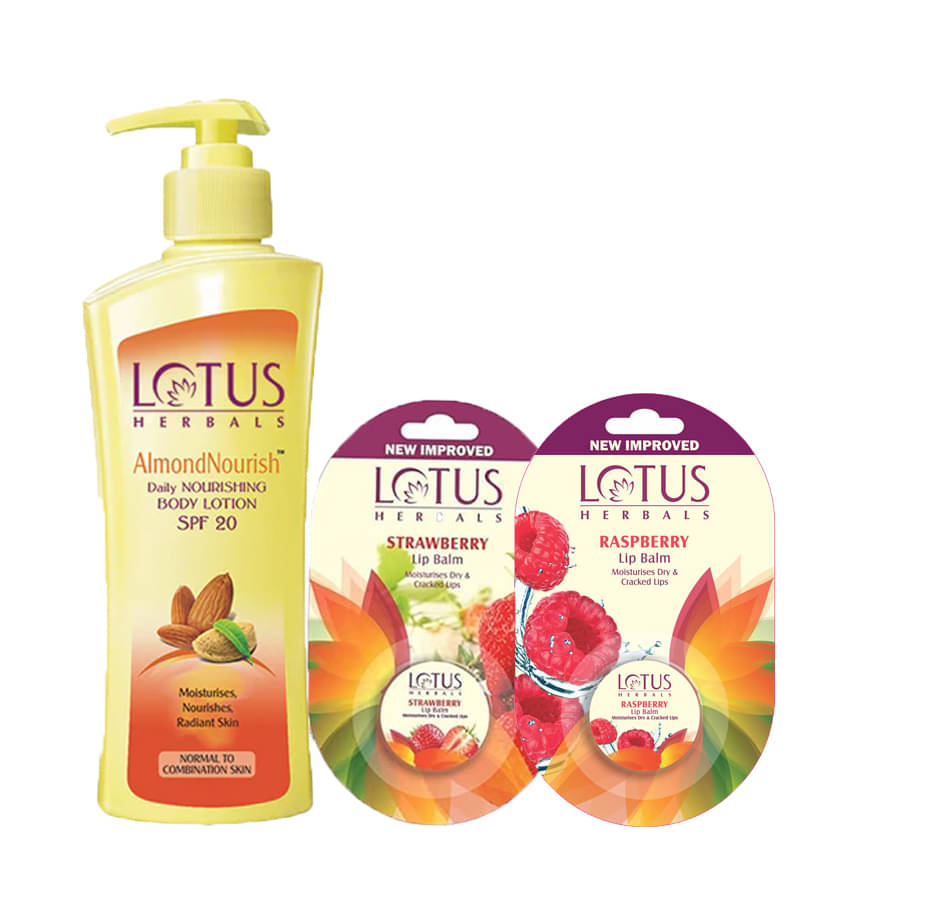    			Lotus Herbals Winter Almondnourish Body Lotion 250ml , LipBalm Strawberry 5g ,Raspberry 5g (Pack of 3)
