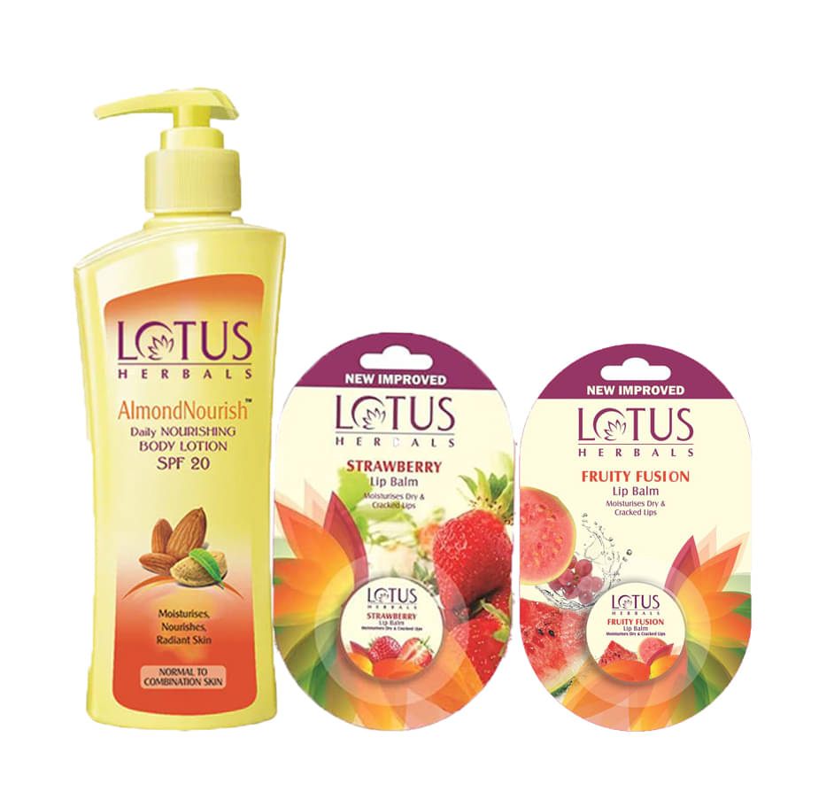     			Lotus Herbals Winter Kit Almondnourish Body Lotion 250ml , Lip BalmStrawberry 5g ,Fruity Fusion 5g (Pack of 3)