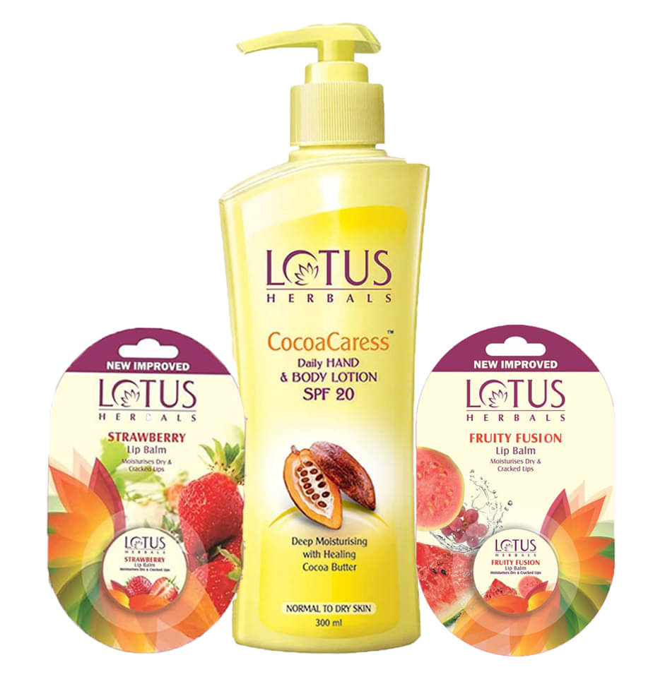     			Lotus Herbals Winter Kit Cocoacaress Body Lotion 250ml , Lip Balm Strawberry 5g , Fruity Fusion 5g (Pack of 3)