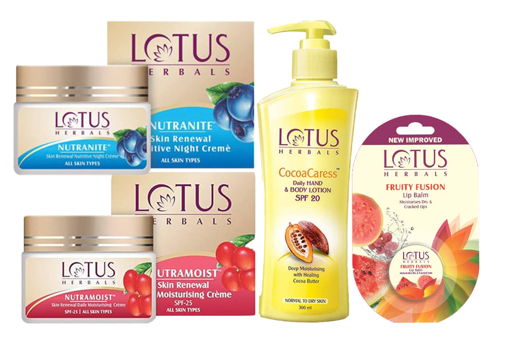 Lotus Herbals Winter Nutramoist 50g , Nutranite 50g , Cocoacare Body Lotion 250ml, Fruity Fusion 5g (Pack of 4)     			Lotus Herbals Winter Nutramoist 50g , Nutranite 50g , Cocoacare Body Lotion 250ml, Fruity Fusion 5g (Pack of 4)