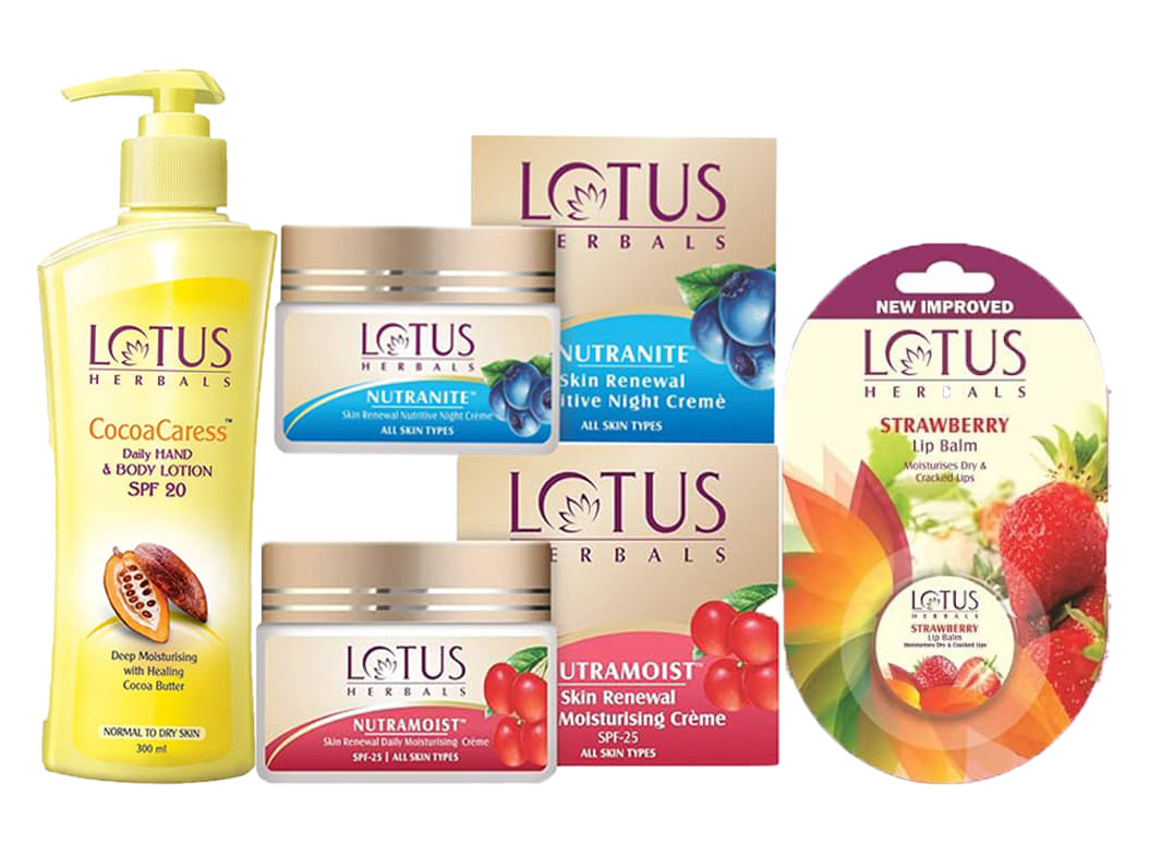     			Lotus Herbals Nutramoist 50g , Nutranite 50g ,Cocoacaress Body Lotion 250ml ,Strawberry Lip Balm 5g (Pack of 4)