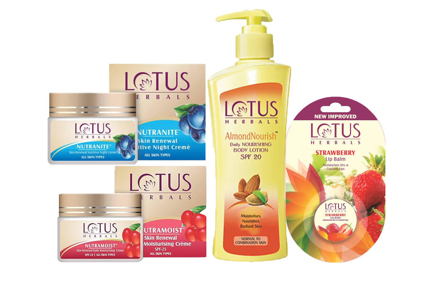     			Lotus Herbals Winter Nutramoist 50g ,Nutranite 50g ,Almondnourish Body Lotion 250ml ,Strawberry 5g (Pack of 4)
