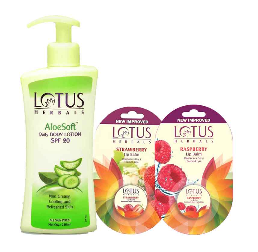     			Lotus Herbals Winter Kit Aloesoft Body Lotion 250ml , Lip Balm Strawberry 5g ,Raspberry 5g (Pack of 3)