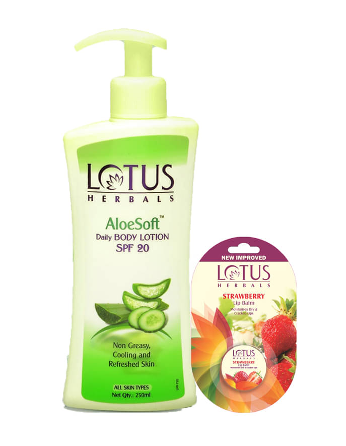    			Lotus Herbals Winter Kit Aloesoft Daily Body Lotion 250ml , Lip Balm-Strawberry 5g (Pack of 2)