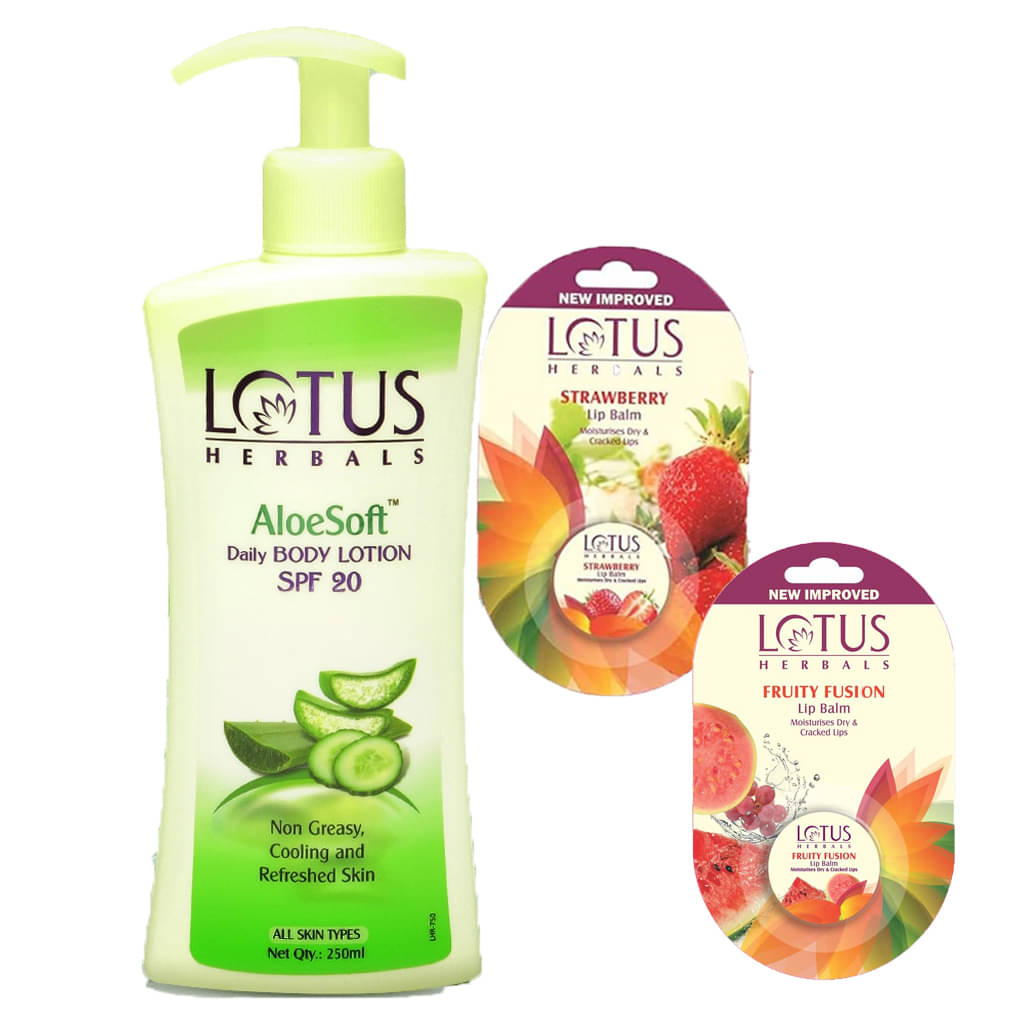     			Lotus Herbals Winter Aloesoft Body Lotion 250ml , Lip Balm-Strawberry 5g ,Fruity Fusion 5g (Pack of 3)
