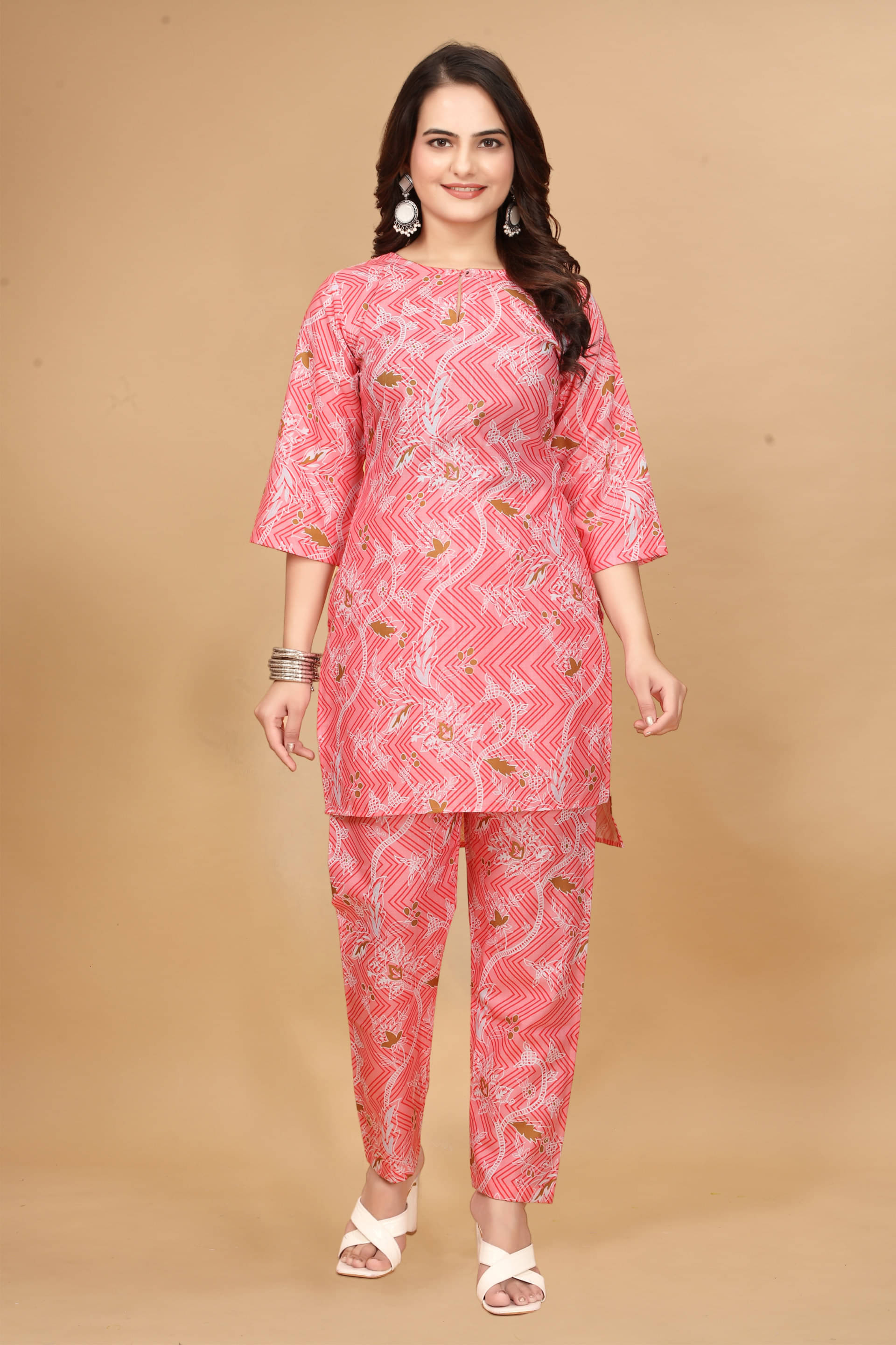     			Nirja Fab Cotton Blend Printed Kurti With Pants Women's Stitched Salwar Suit - Pink ( Pack of 1 )