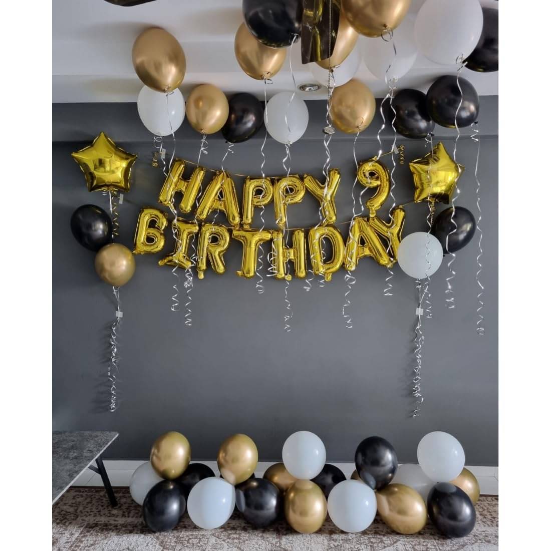     			PartyBooms Happy Birthday Gold Foil Banner, 9 Gold Number Foil 2 Gold Star Foil Balloon, 10 pcs Gold, White, Black Metalic Balloons (Pack of 34)