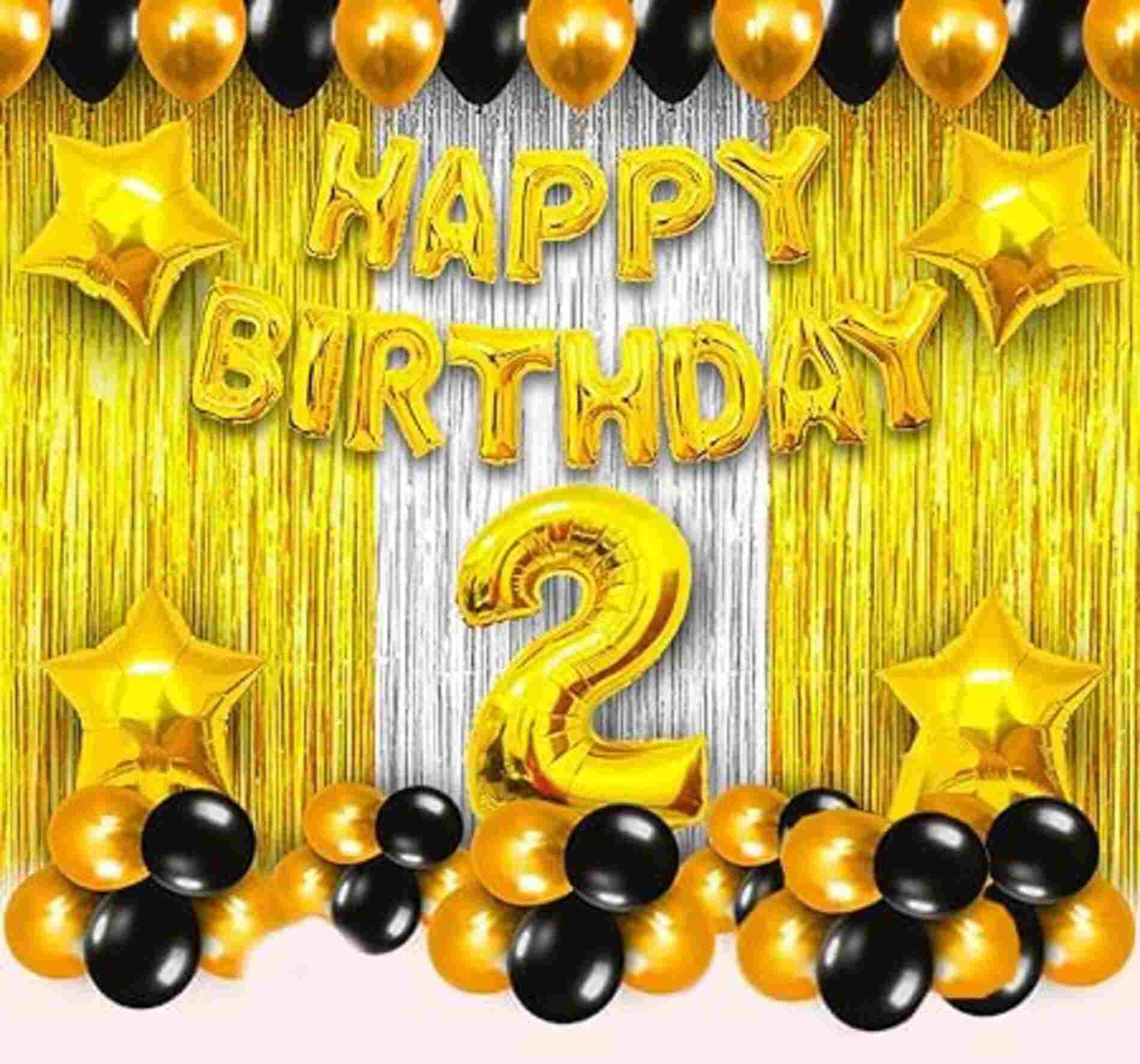     			PartyBooms Happy Birthday Gold Foil Banner, 4 Gold Star Foil Balloon, 2 Number Gold 2 Gold Curtains, 1 Silver Curtain, 40 Gold & Black Metalic Balloons (Pack of 49)