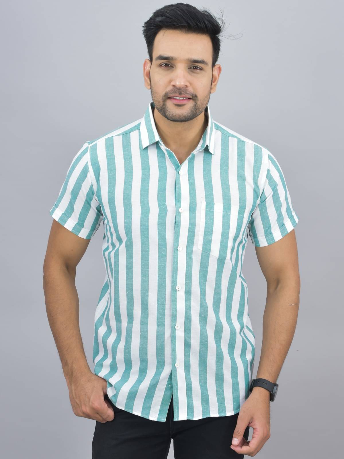 QuaClo Cotton Blend Regular Fit Striped Half Sleeves Men's Casual Shirt - Green ( Pack of 1 ) QuaClo Cotton Blend Regular Fit Striped Half Sleeves Men's Casual Shirt - Green ( Pack of 1 )
