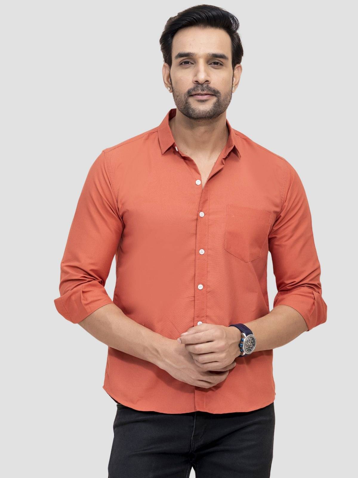 QuaClo Cotton Blend Regular Fit Solids Full Sleeves Men's Casual Shirt - Orange ( Pack of 1 ) QuaClo Cotton Blend Regular Fit Solids Full Sleeves Men's Casual Shirt - Orange ( Pack of 1 )