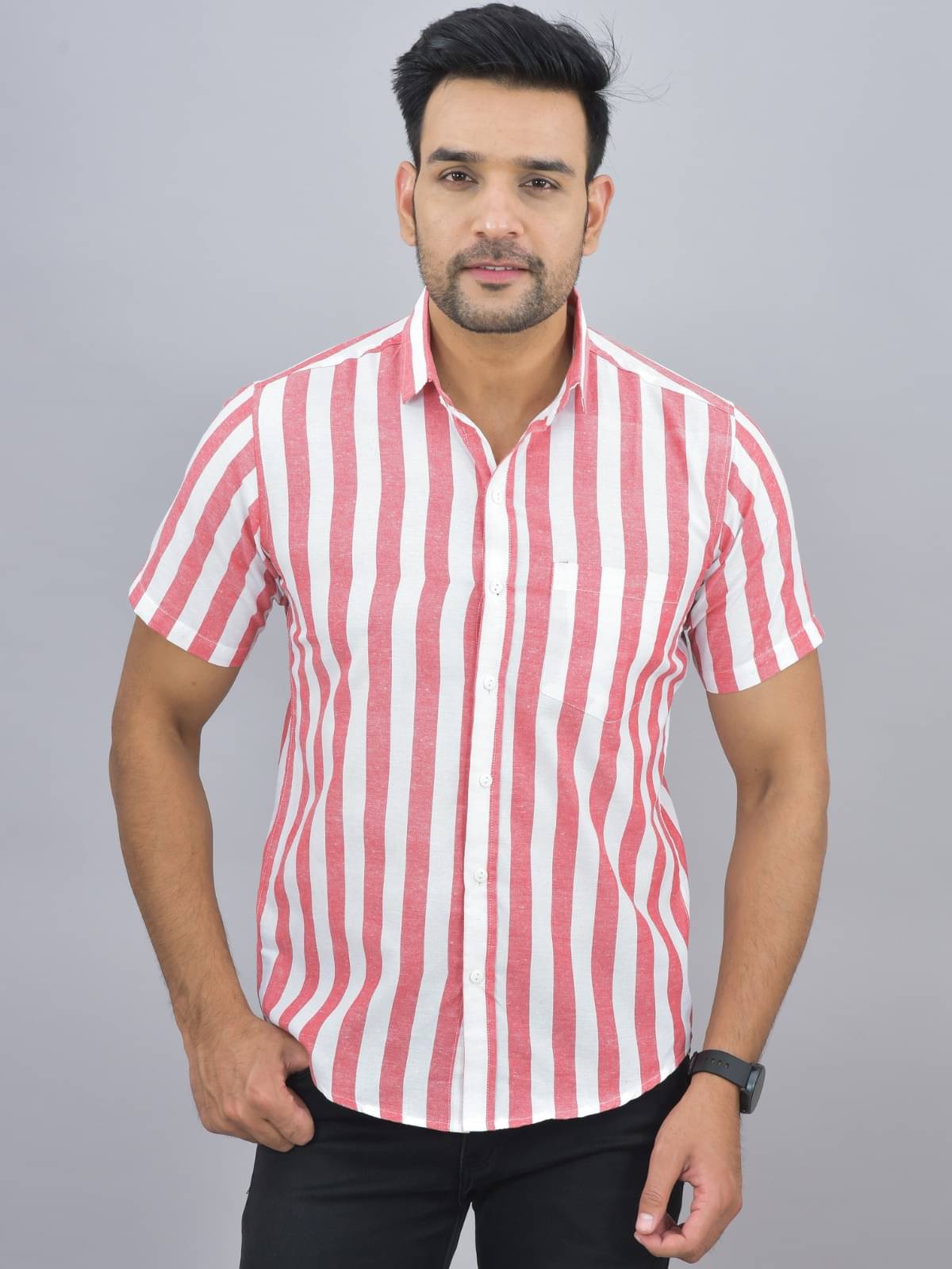 QuaClo Cotton Blend Slim Fit Striped Half Sleeves Men's Casual Shirt - Red ( Pack of 1 )     			QuaClo Cotton Blend Slim Fit Striped Half Sleeves Men's Casual Shirt - Red ( Pack of 1 )