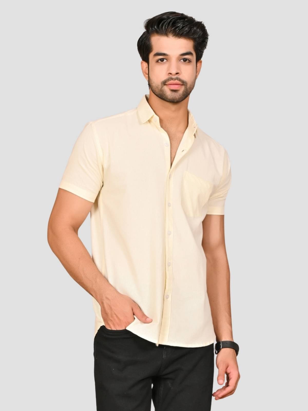 QuaClo Cotton Blend Slim Fit Solids Half Sleeves Men's Casual Shirt - Off-White ( Pack of 1 ) QuaClo Cotton Blend Slim Fit Solids Half Sleeves Men's Casual Shirt - Off-White ( Pack of 1 )