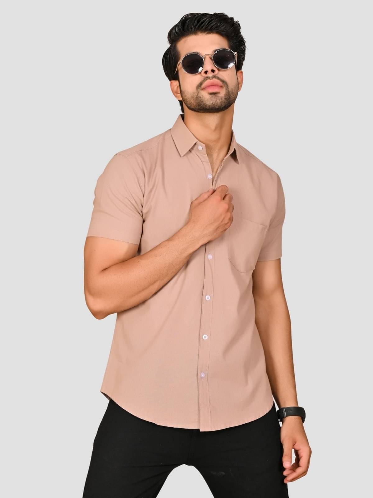 QuaClo Cotton Blend Slim Fit Solids Half Sleeves Men's Casual Shirt - Peach ( Pack of 1 )     			QuaClo Cotton Blend Slim Fit Solids Half Sleeves Men's Casual Shirt - Peach ( Pack of 1 )