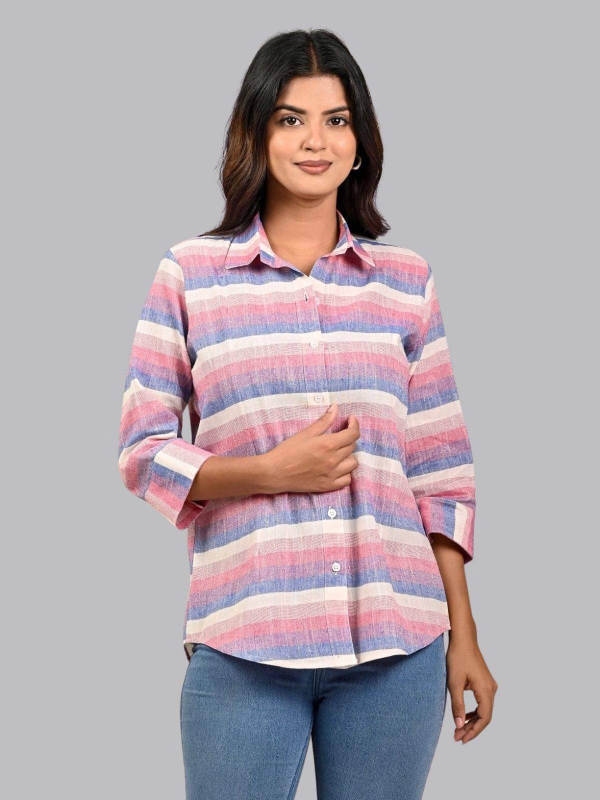 QuaClo Women Striped Linen Shirt ( Purple ) QuaClo Women Striped Linen Shirt ( Purple )