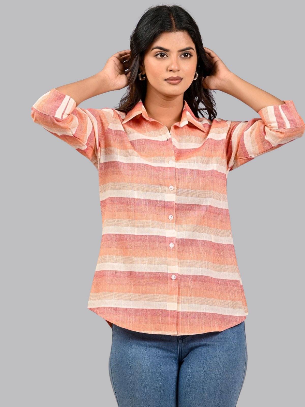 QuaClo Women Striped Linen Shirt ( Red ) QuaClo Women Striped Linen Shirt ( Red )