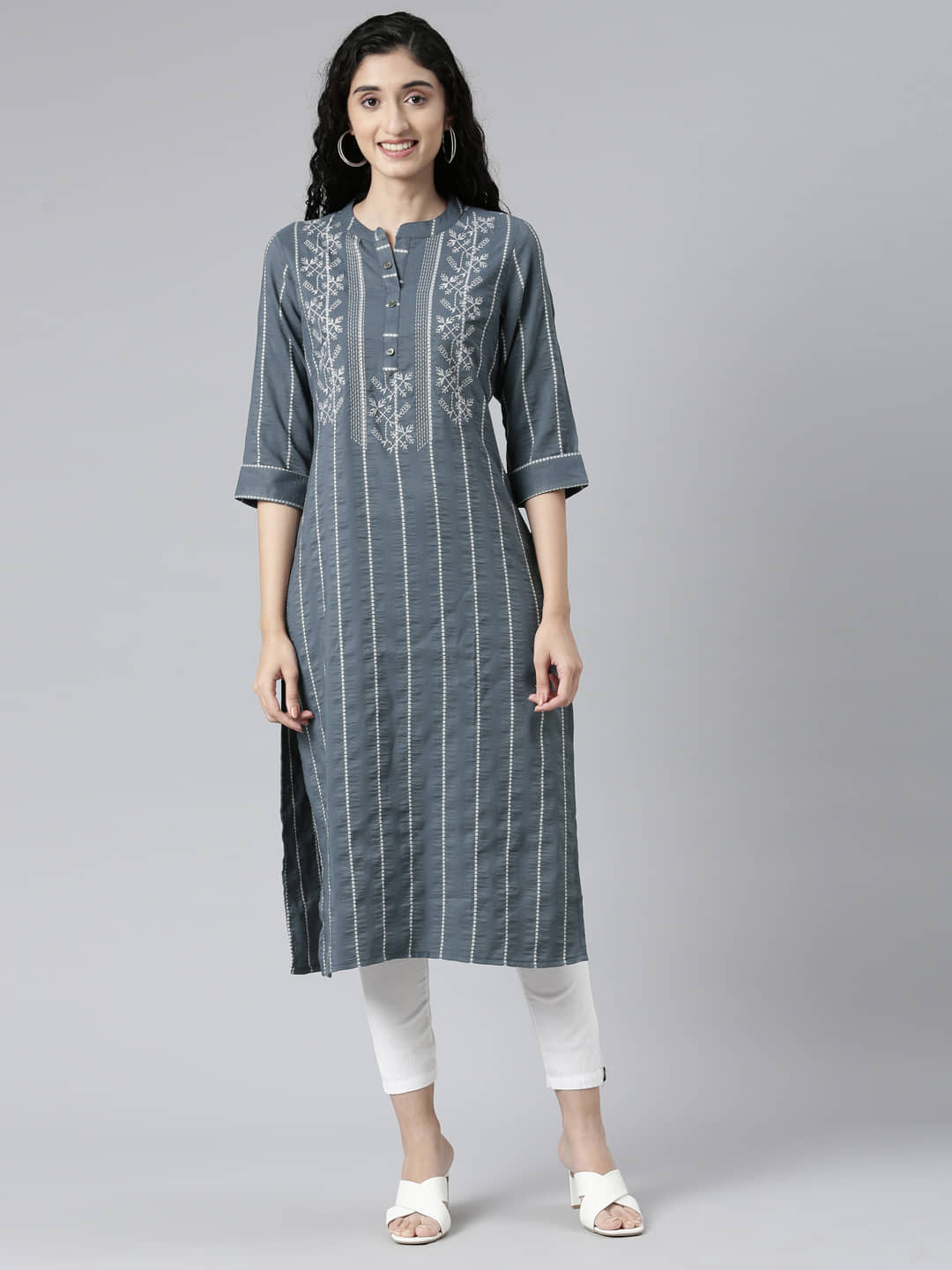 Samhitas Pack of 1 Chanderi Solid Straight Women's Kurti - ( Grey ) - Kurtis, Tunics | Buy online on ZillyBuy