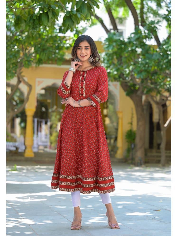 Yash Gallery Pack of 1 Cotton Printed Flared Women's Kurti - ( Maroon ) - Kurtis, Tunics | Buy online on ZillyBuy