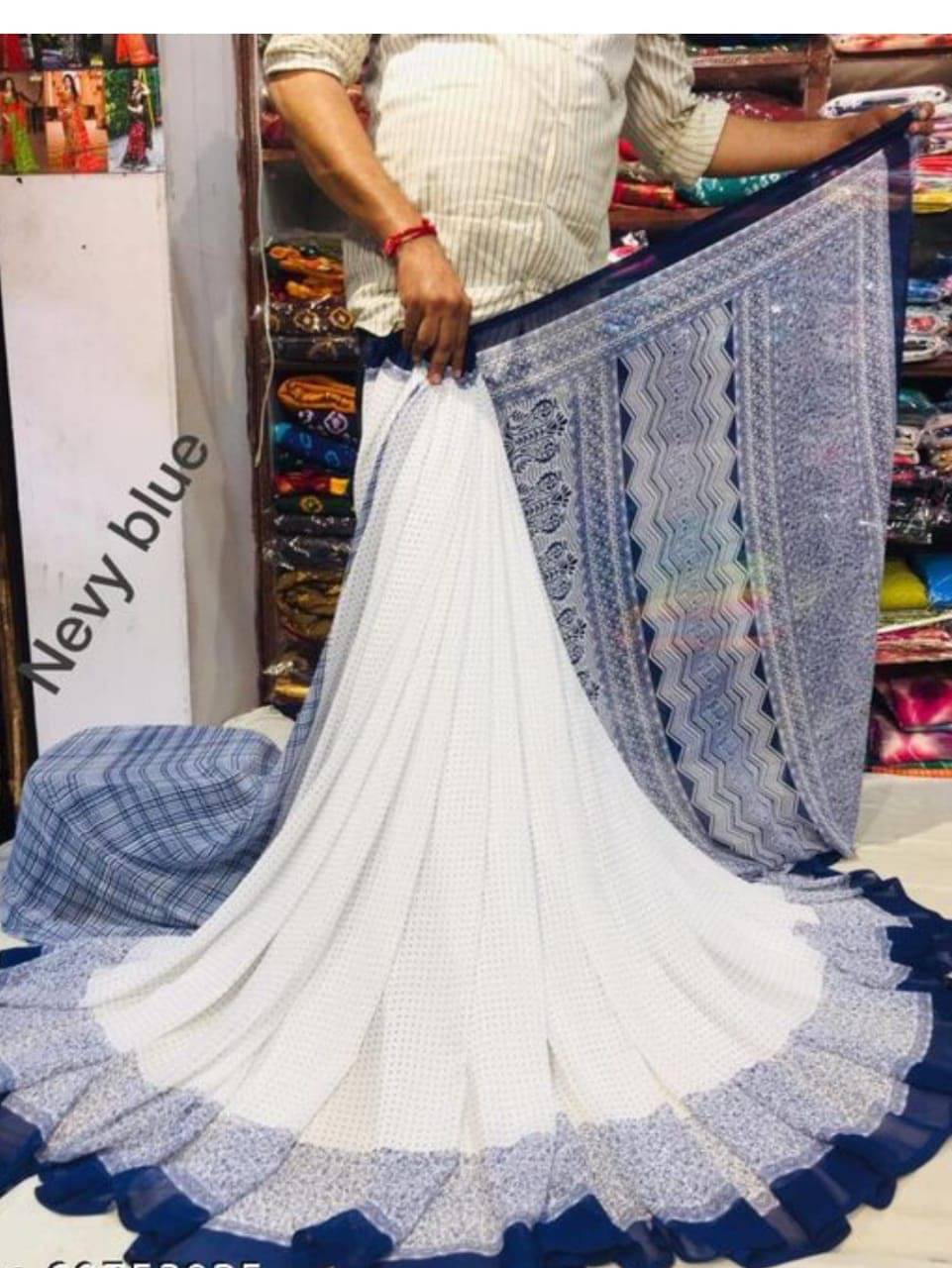     			mahalaxmi fab Georgette Applique Saree With Unstitched Blouse Piece ( Navy Blue )