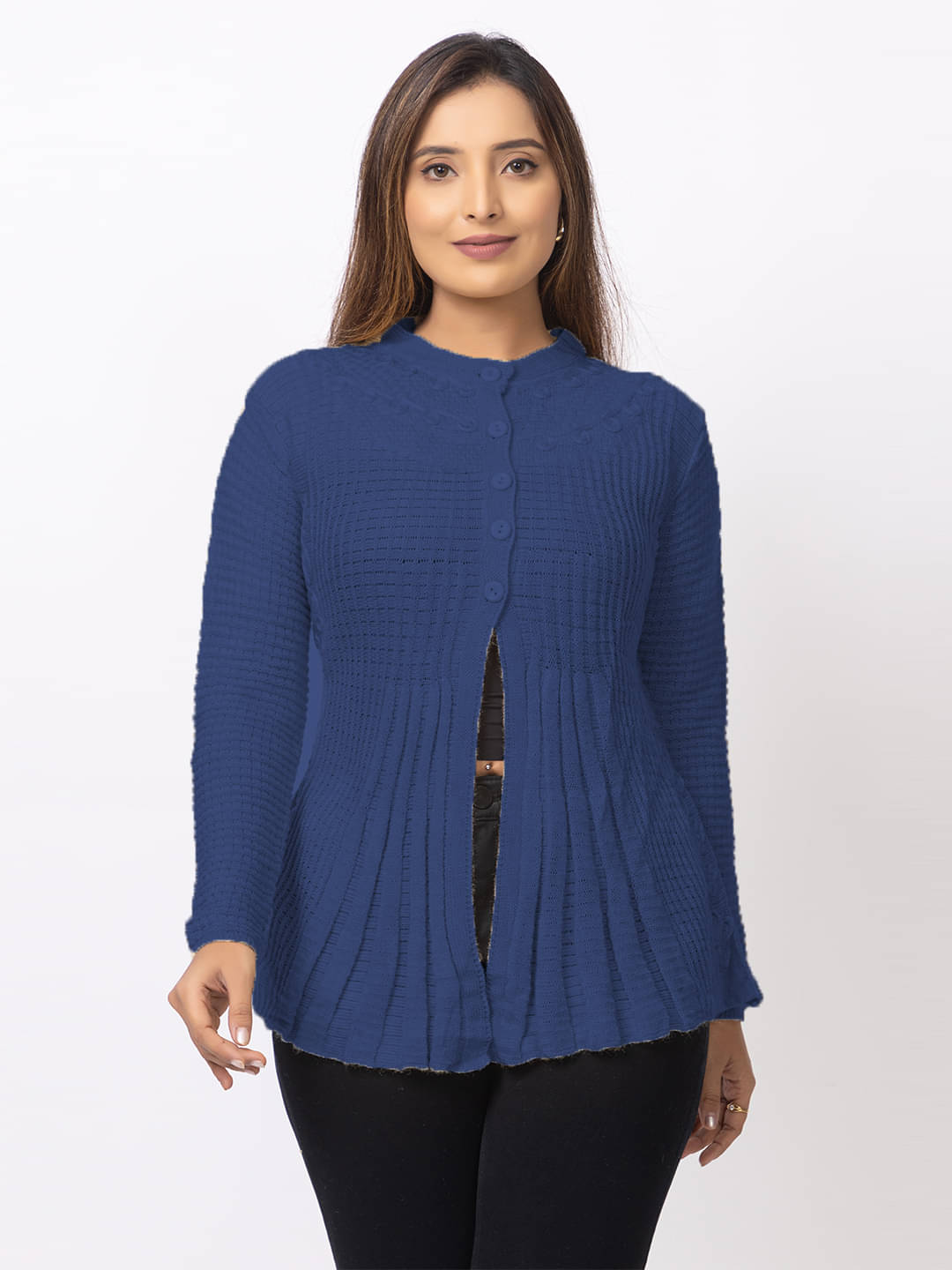     			woolkart Woollen Round Neck Women's Buttoned Cardigans - Navy (Pack of 1)