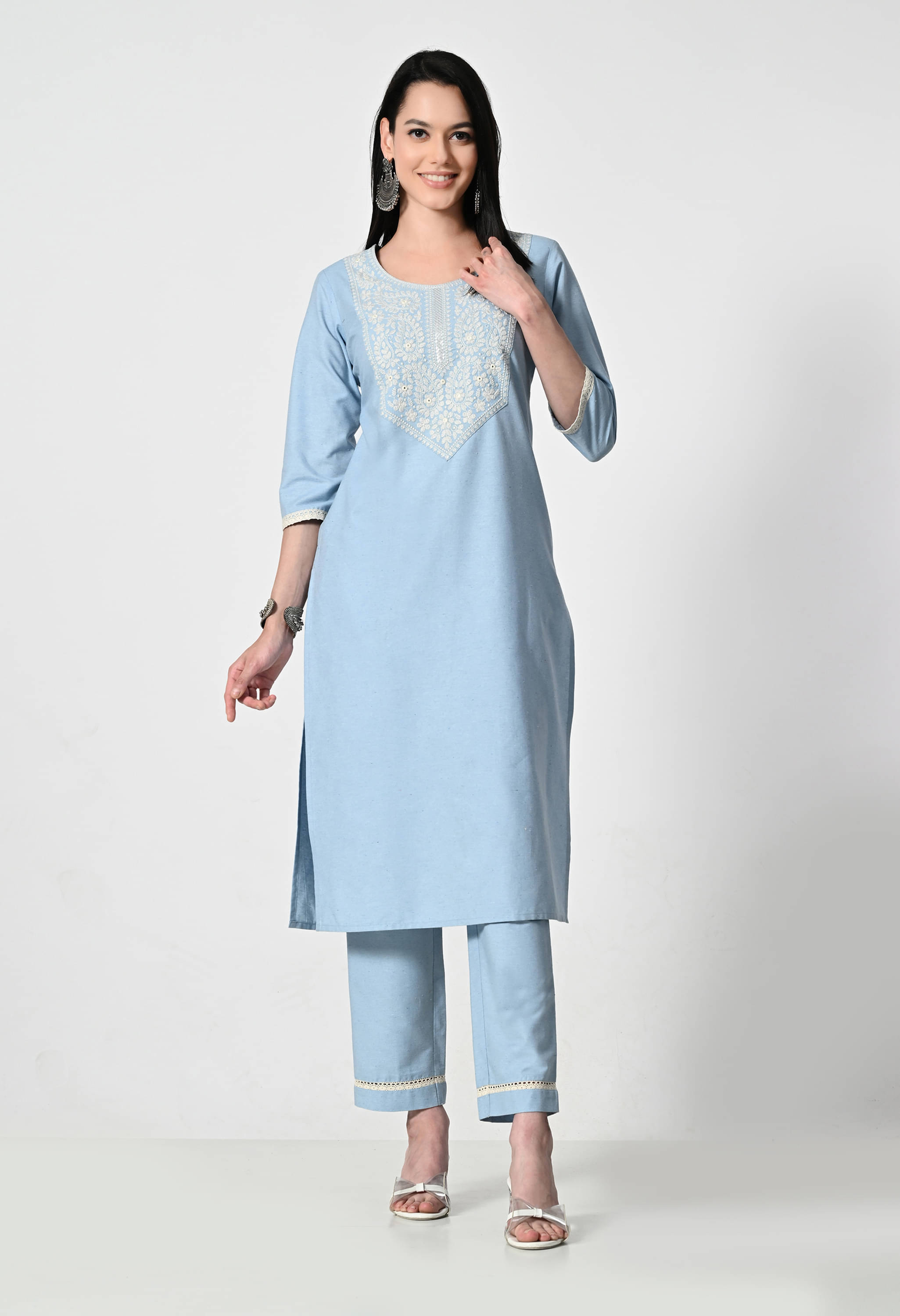 AMBI Cotton Blend Embroidered Kurti With Pants Women's Stitched Salwar Suit - Blue ( Pack of 1 )     			AMBI Cotton Blend Embroidered Kurti With Pants Women's Stitched Salwar Suit - Blue ( Pack of 1 )