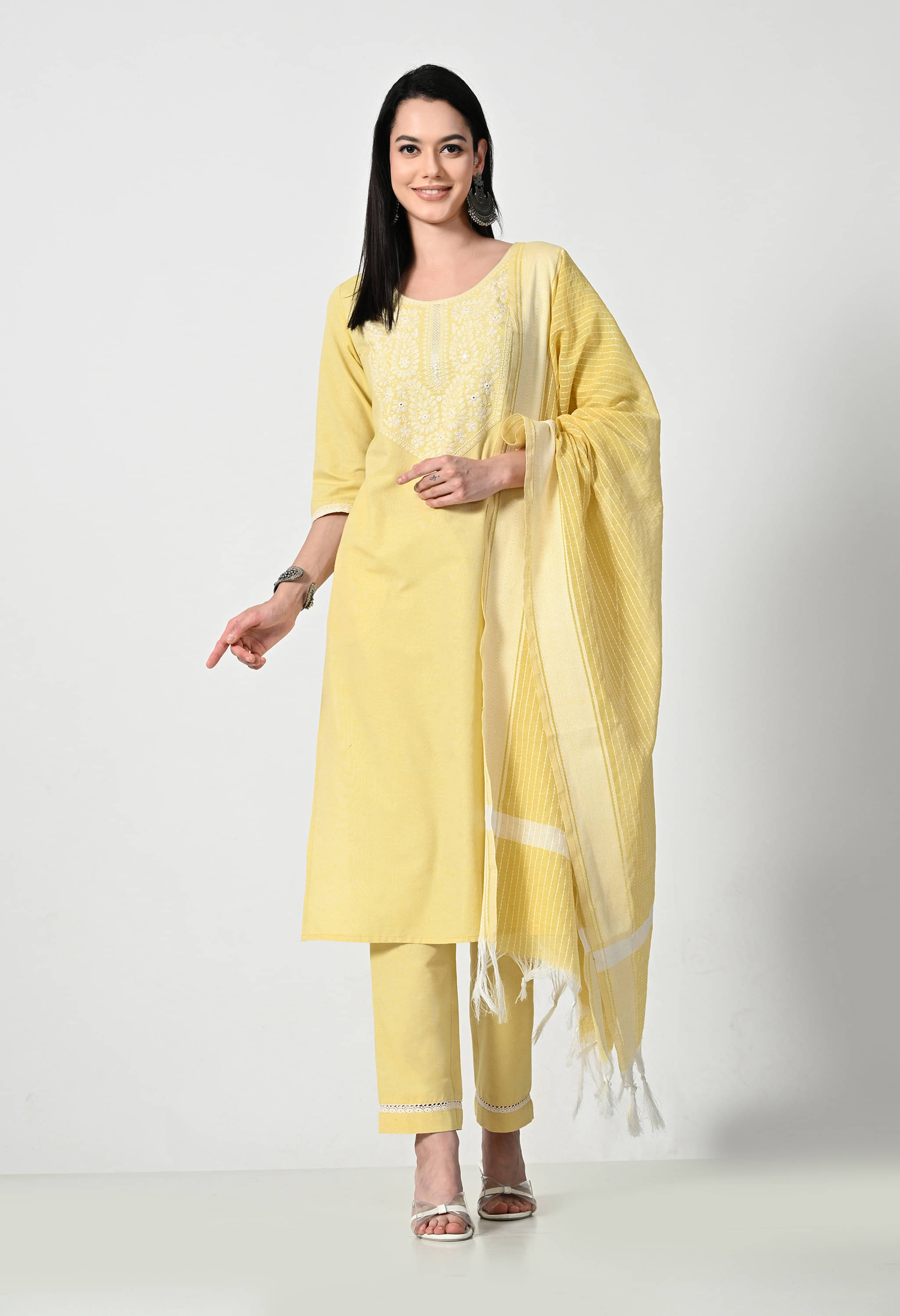 AMBI Cotton Blend Embroidered Kurti With Pants Women's Stitched Salwar Suit - Yellow ( Pack of 1 ) AMBI Cotton Blend Embroidered Kurti With Pants Women's Stitched Salwar Suit - Yellow ( Pack of 1 )
