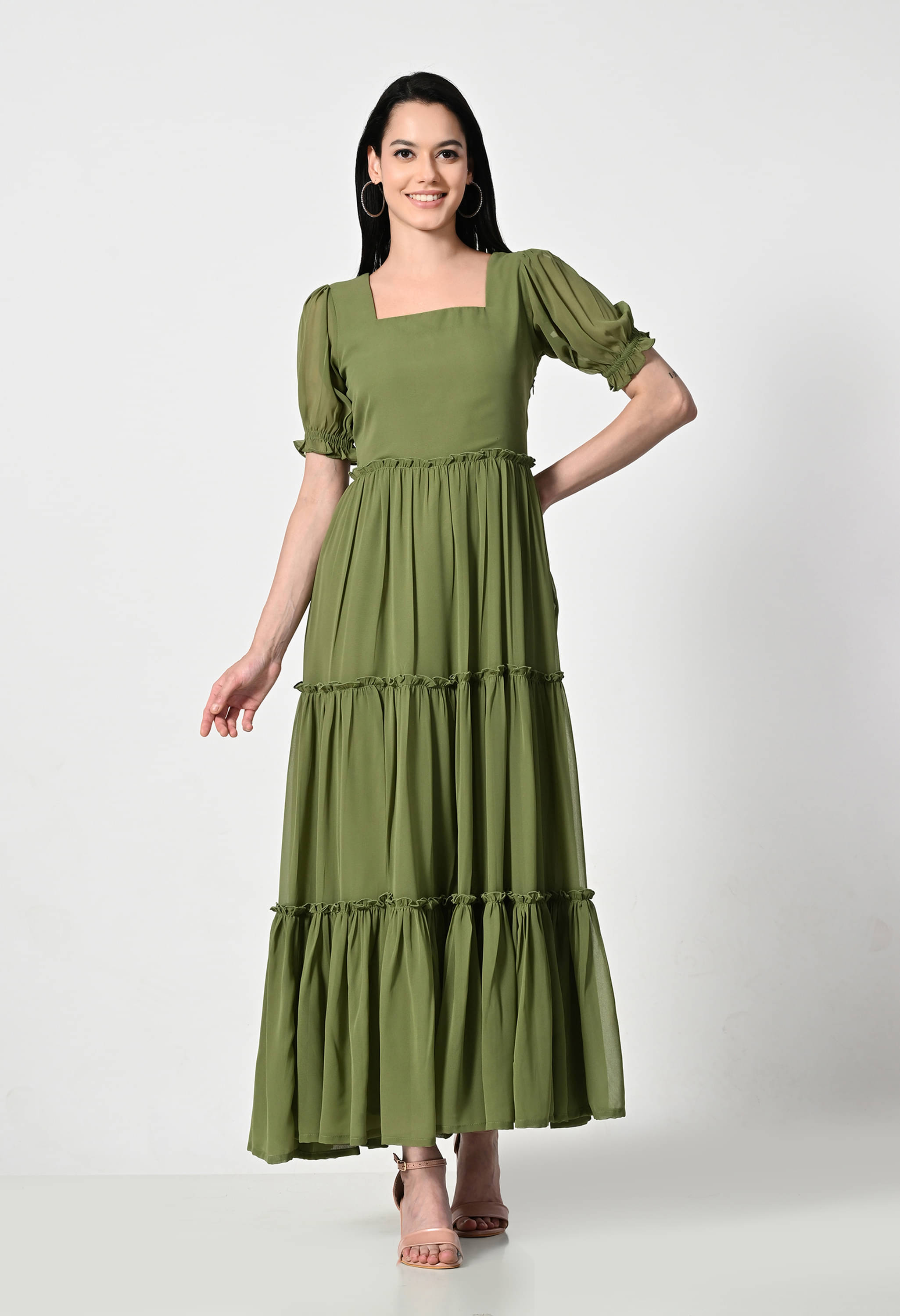 AMBI Women Georgette Solid A-line Dress ( Olive ) AMBI Women Georgette Solid A-line Dress ( Olive )