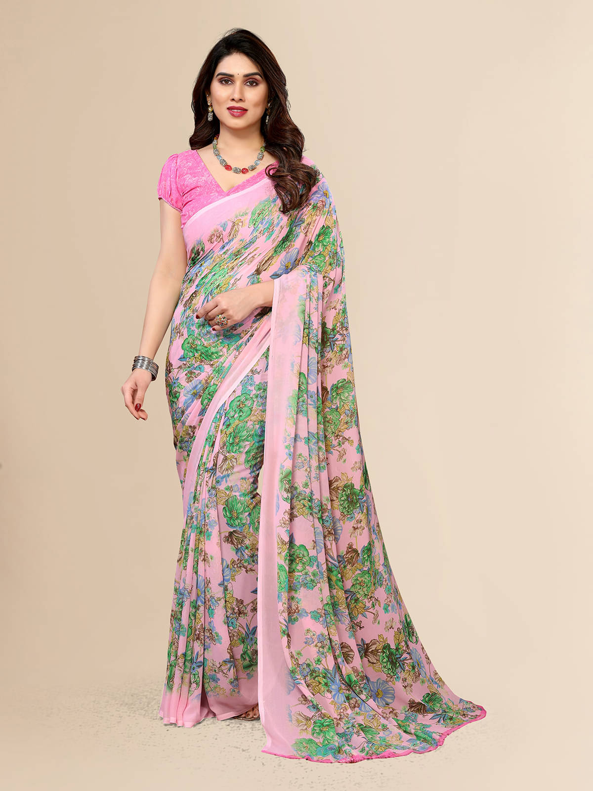 ANAND SAREES Georgette Printed Saree With Unstitched Blouse Piece ( Pink )     			ANAND SAREES Georgette Printed Saree With Unstitched Blouse Piece ( Pink )