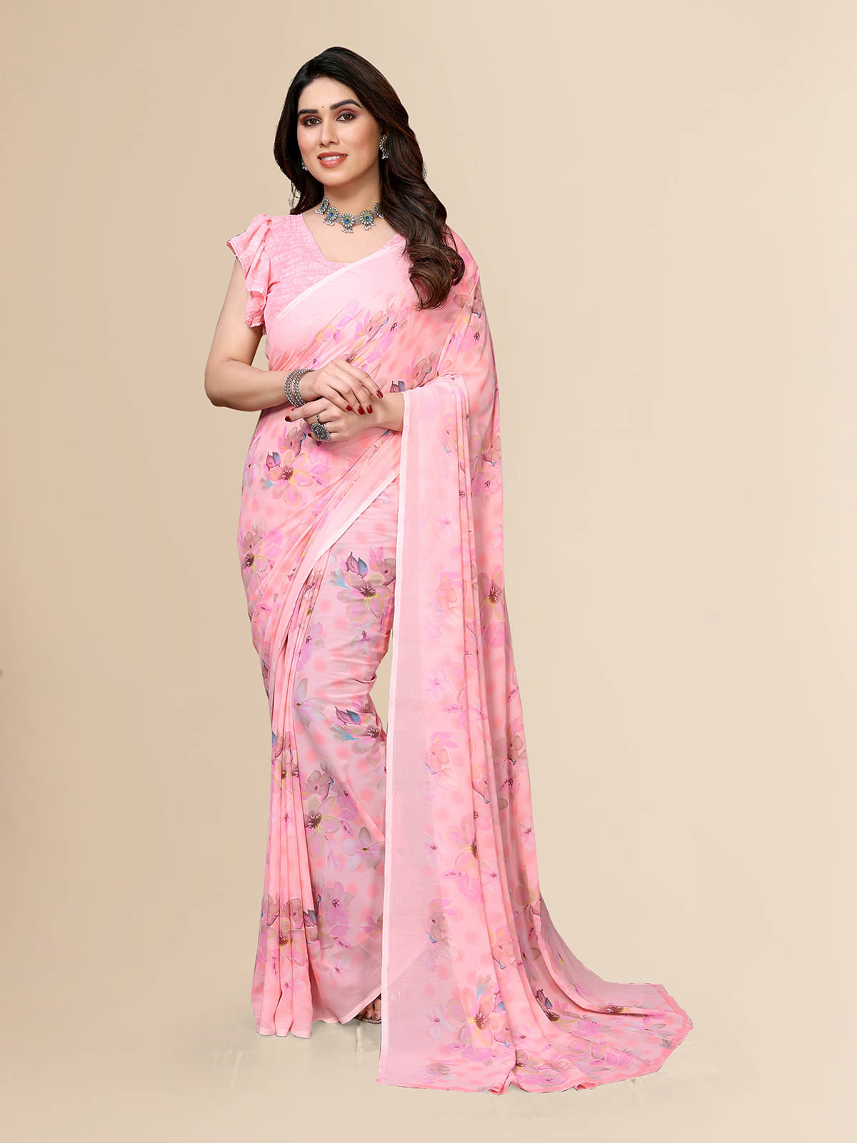     			ANAND SAREES Georgette Printed Saree With Unstitched Blouse Piece ( Pink )