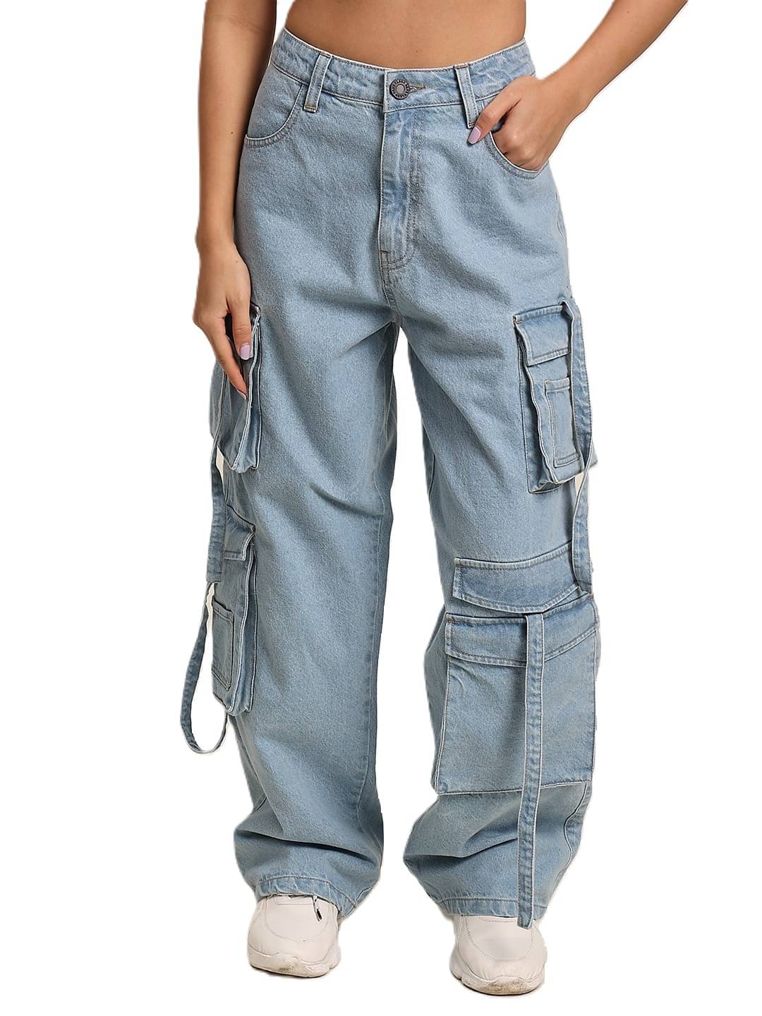    			Women Light Blue Denim Cargo Trouser 3 D Baggy Front Pockets And Loops