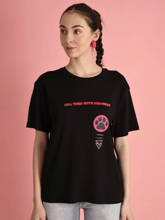 Bene Kleed Women Cotton Printed Oversized Fit Round Neck T-Shirt ( Black )     			Bene Kleed Women Cotton Printed Oversized Fit Round Neck T-Shirt ( Black )