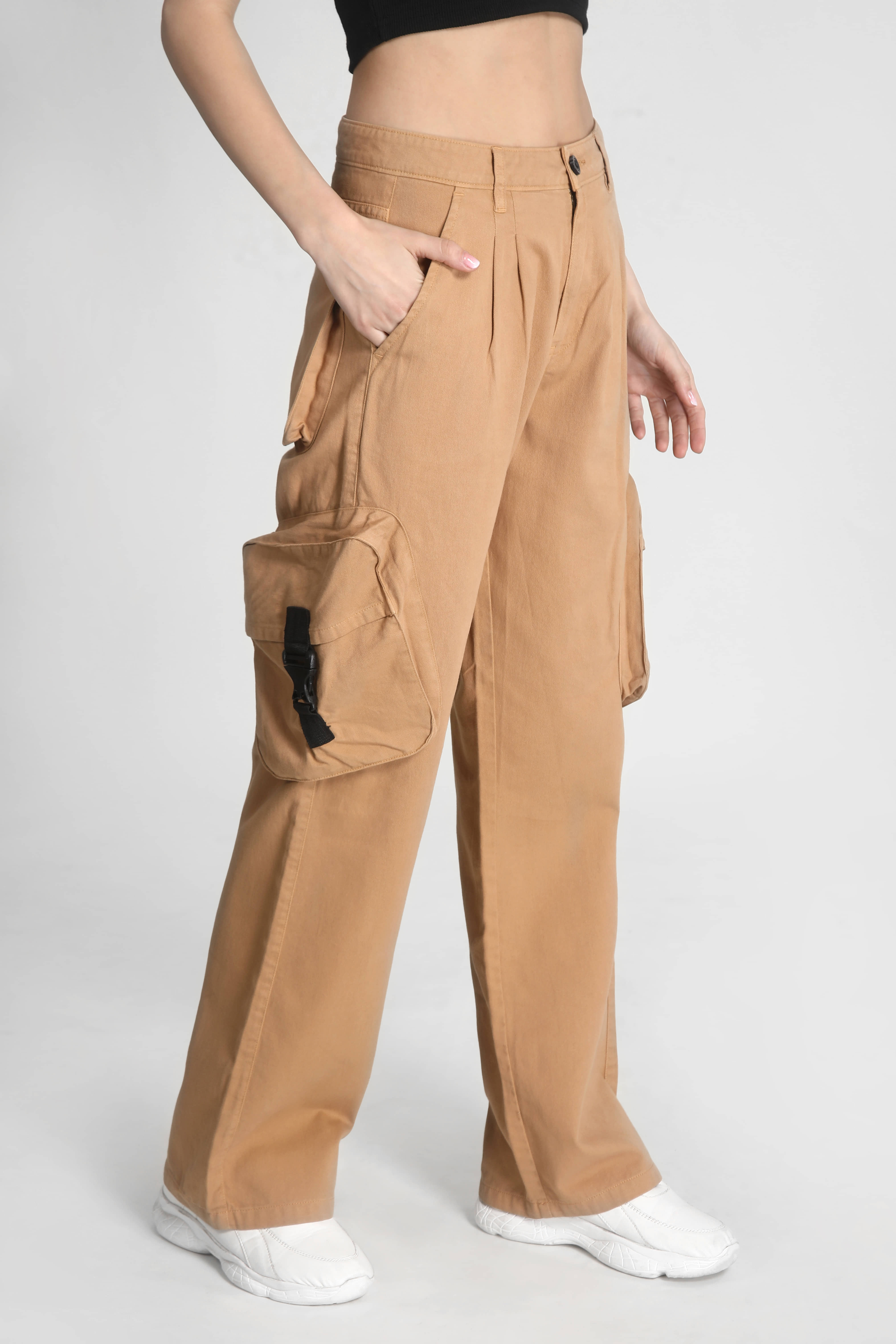 Bene Kleed Women Classic Straight Fit High-Rise Cargos Trousers - Trousers | Buy online on ZillyBuy