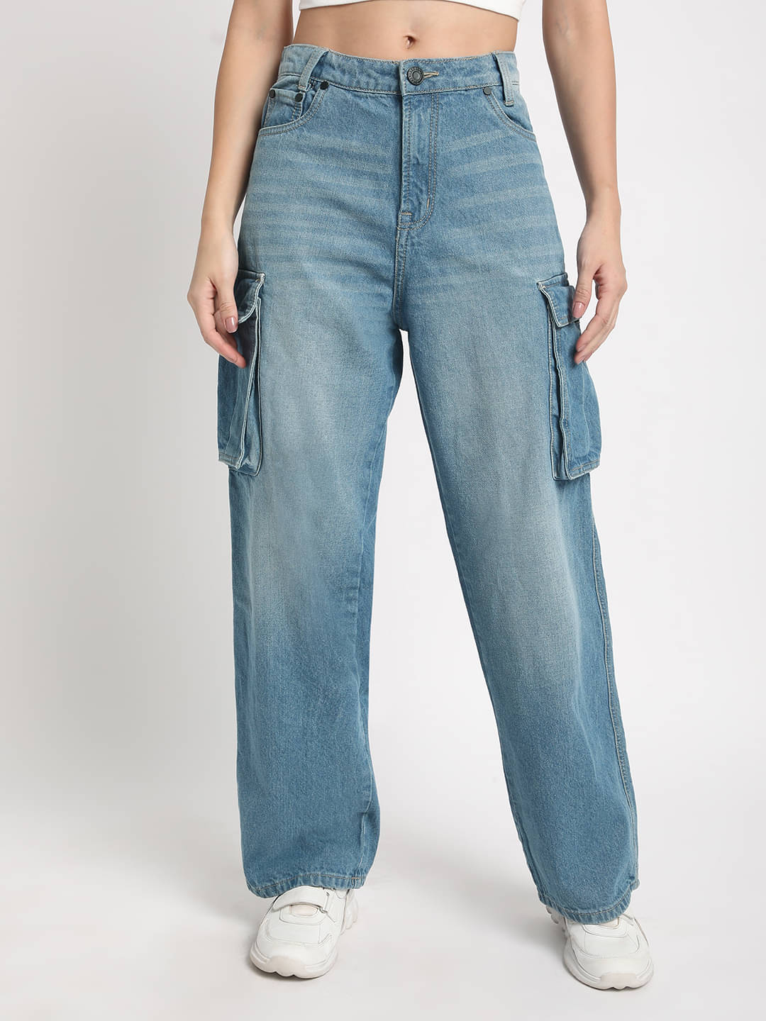    			Women Mid Blue Relaxed-Fit Denim Cargo Jeans