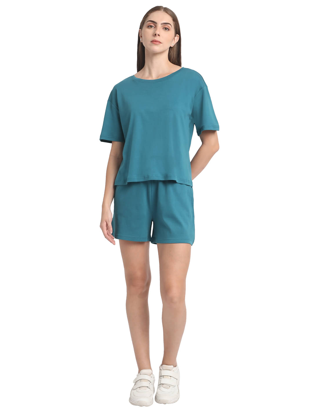     			Bene Kleed Women Solid T-Shirt With Shorts Co-Ord Set ( Teal )