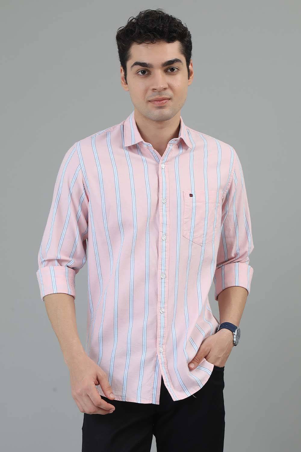     			Cool Colors 100% Cotton Slim Fit Striped Full Sleeves Men's Casual Shirt - Pink ( Pack of 1 )