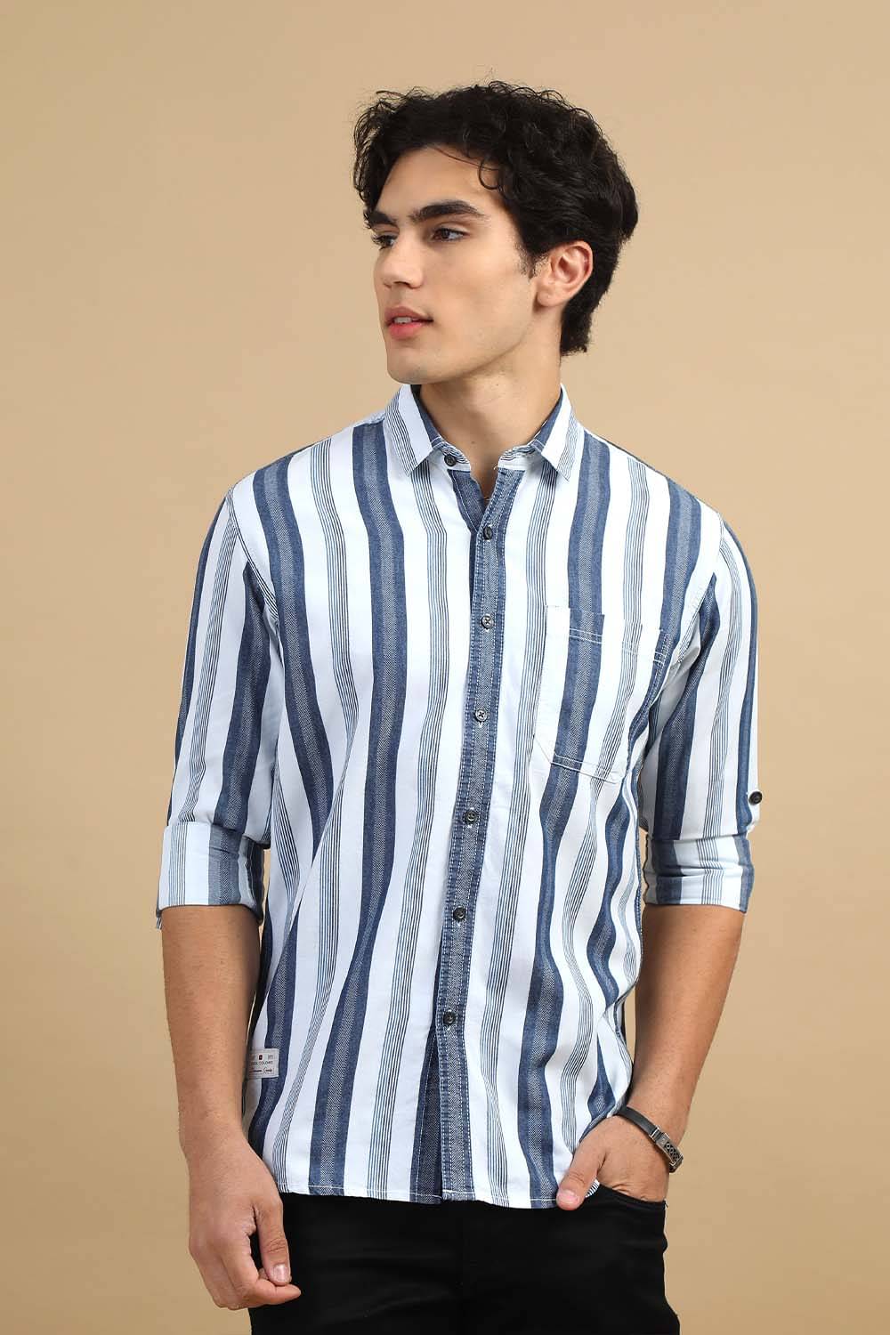     			Cool Colors 100% Cotton Slim Fit Striped Full Sleeves Men's Casual Shirt - Navy ( Pack of 1 )