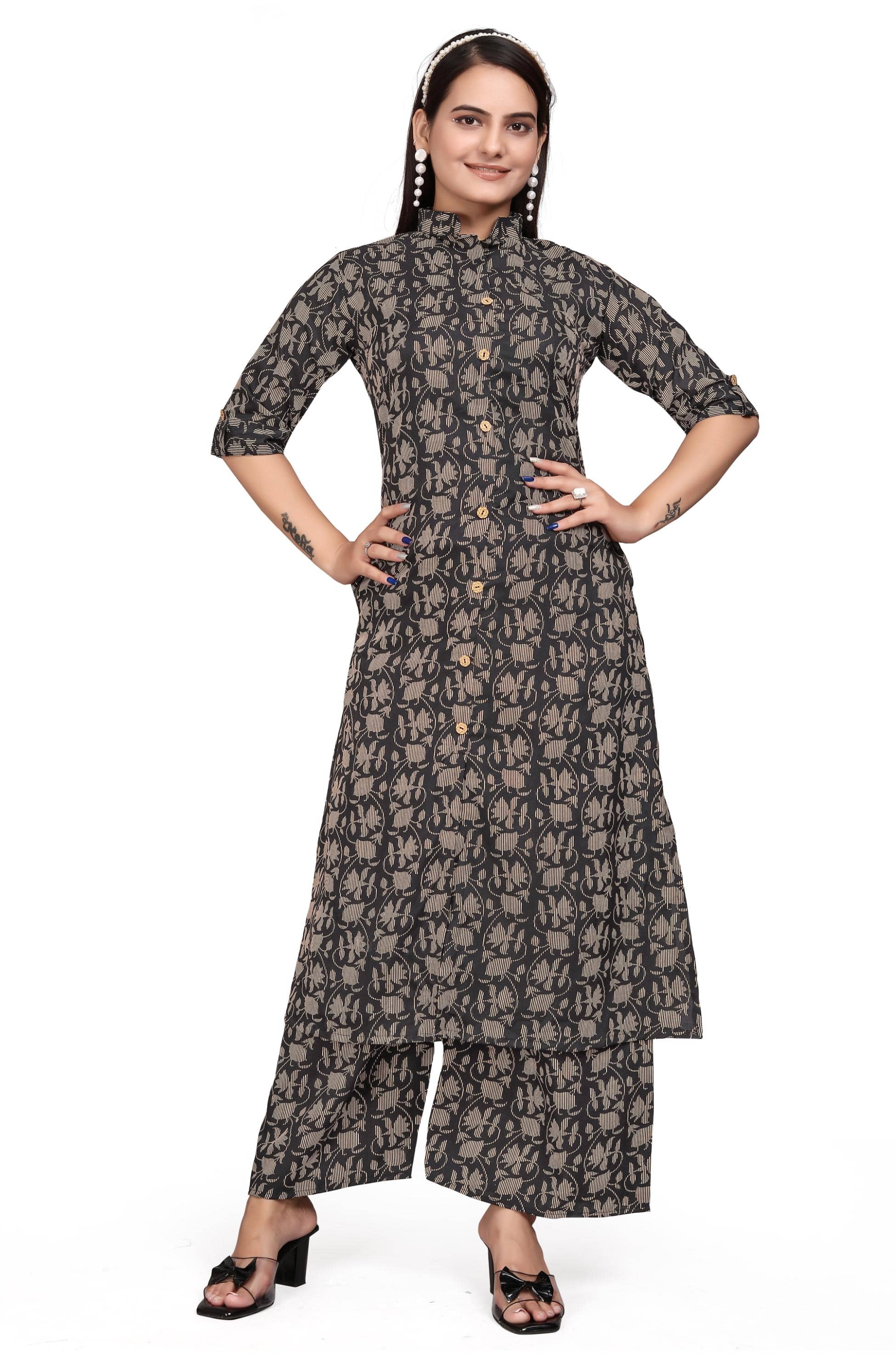 Devakii Cotton Blend Printed Kurti With Palazzo Women's Stitched Salwar Suit - Yellow ( Pack of 1 )