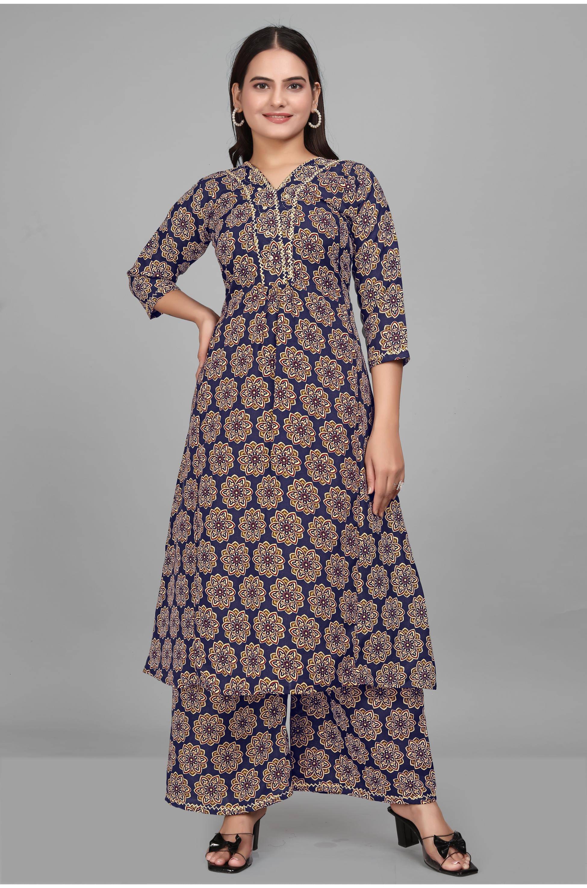     			Devakii Cotton Blend Printed Kurti With Palazzo Women's Stitched Salwar Suit - Navy ( Pack of 1 )