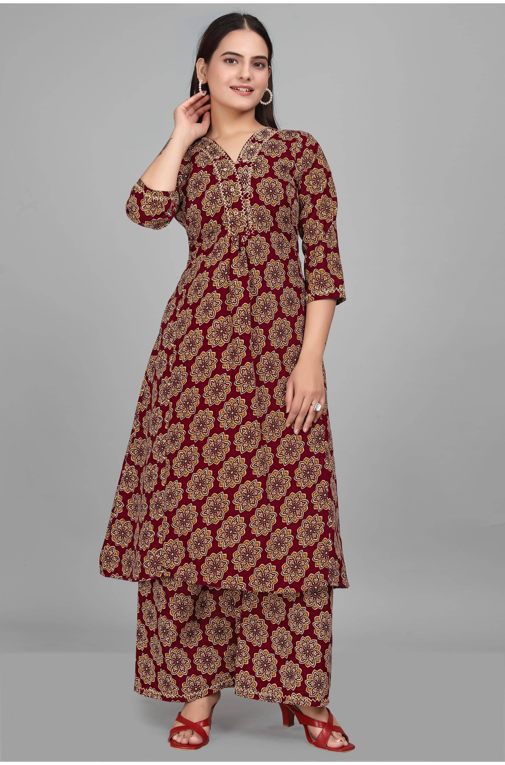     			Devakii Cotton Blend Printed Kurti With Palazzo Women's Stitched Salwar Suit - Maroon ( Pack of 1 )
