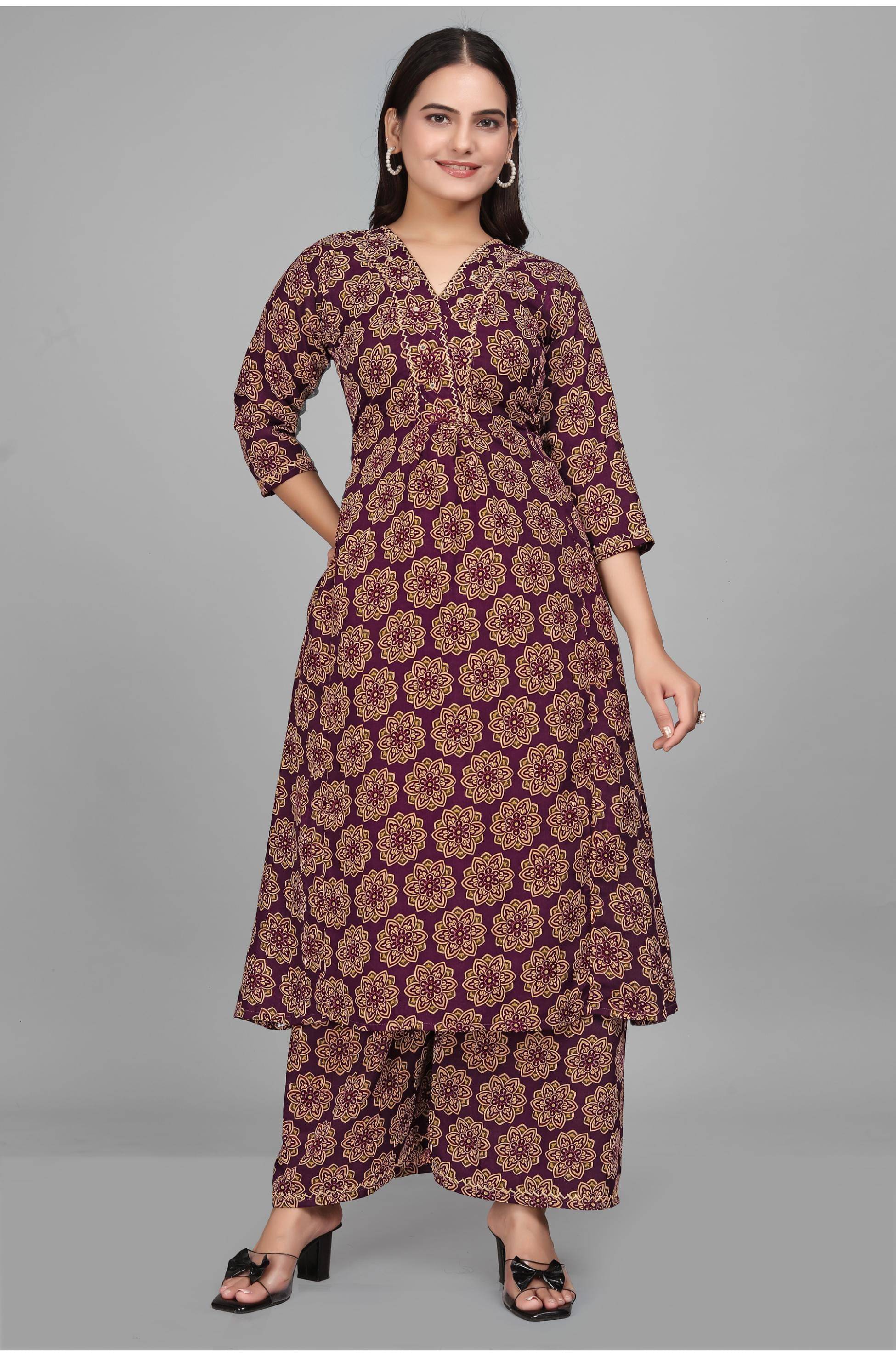 Devakii Cotton Blend Printed Kurti With Palazzo Women's Stitched Salwar Suit - Purple ( Pack of 1 )     			Devakii Cotton Blend Printed Kurti With Palazzo Women's Stitched Salwar Suit - Purple ( Pack of 1 )