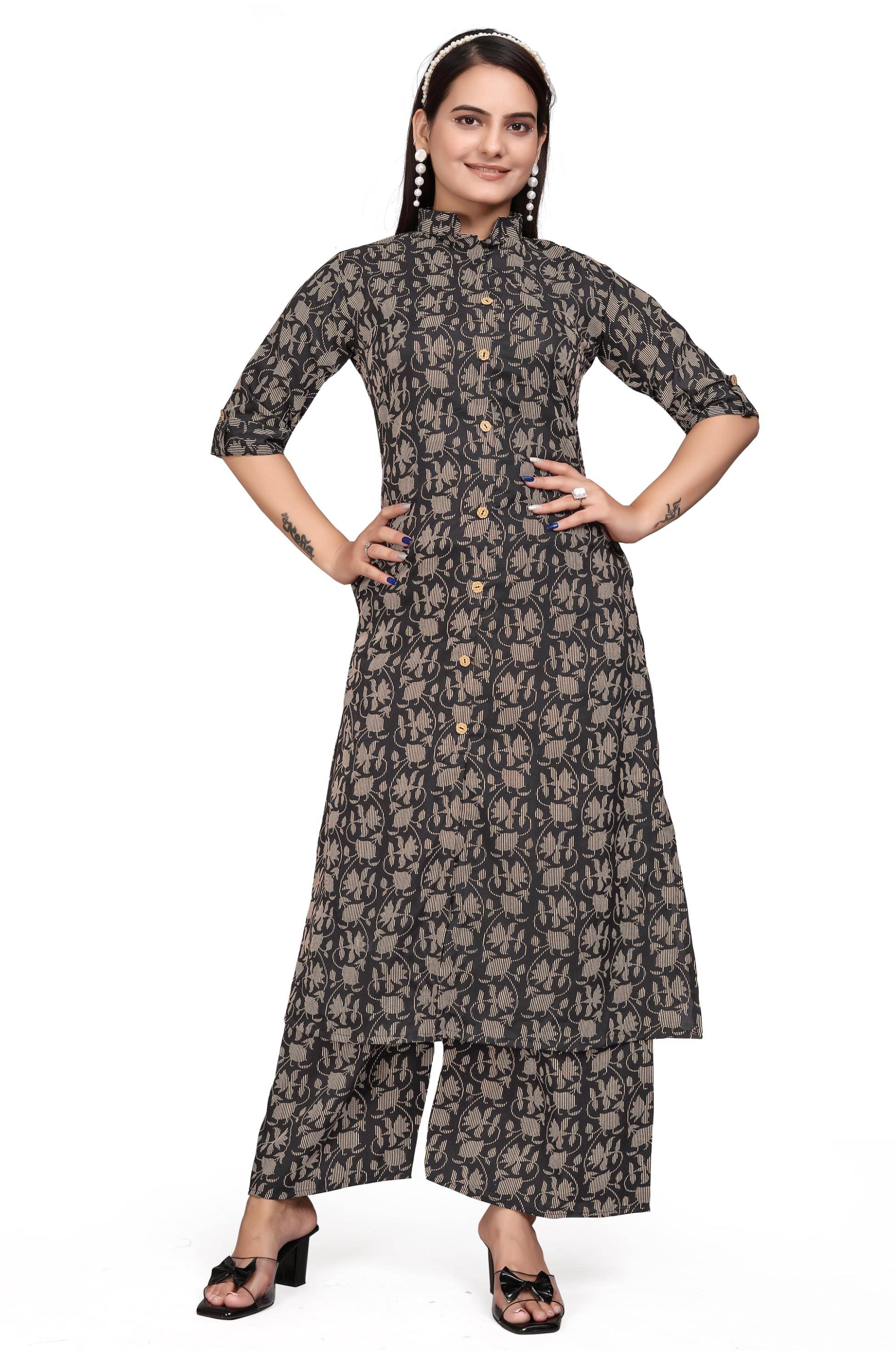     			Devakii Cotton Blend Printed Kurti With Palazzo Women's Stitched Salwar Suit - Black ( Pack of 1 )