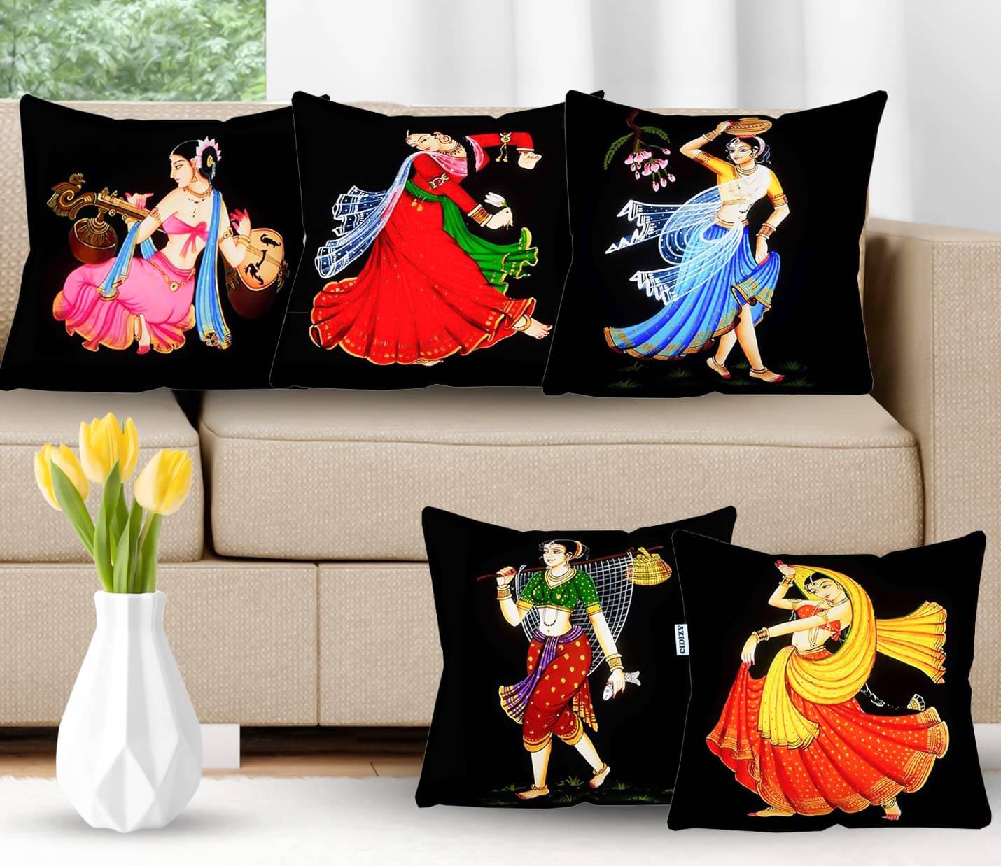    			Exopick Set of 5 Jute Ethnic Square Cushion Cover (40X40)cm - Multicolor