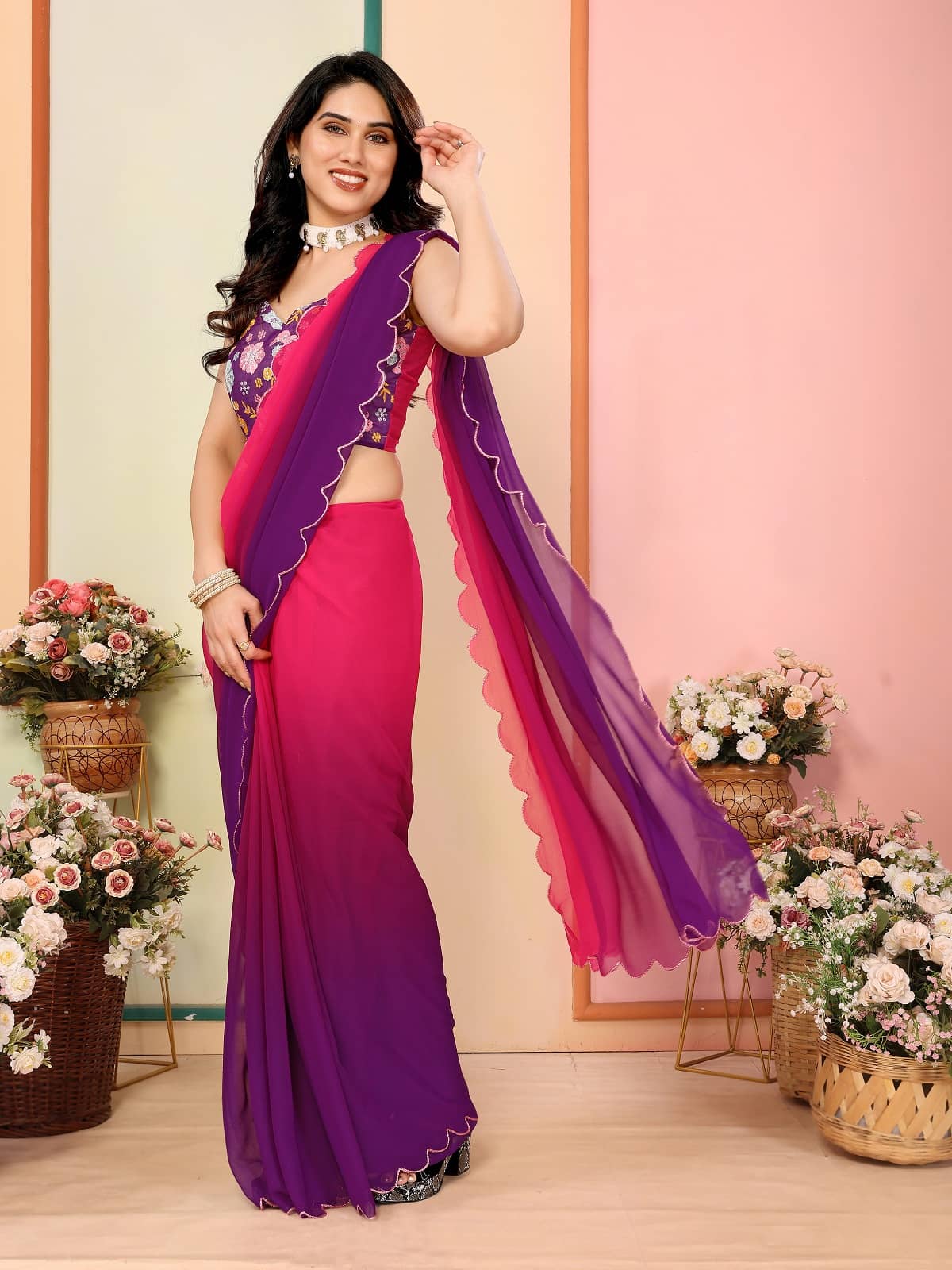 Gazal Fashions Georgette Printed Saree With Unstitched Blouse Piece ( Multicolor1 ) - Sarees | Buy online on ZillyBuy