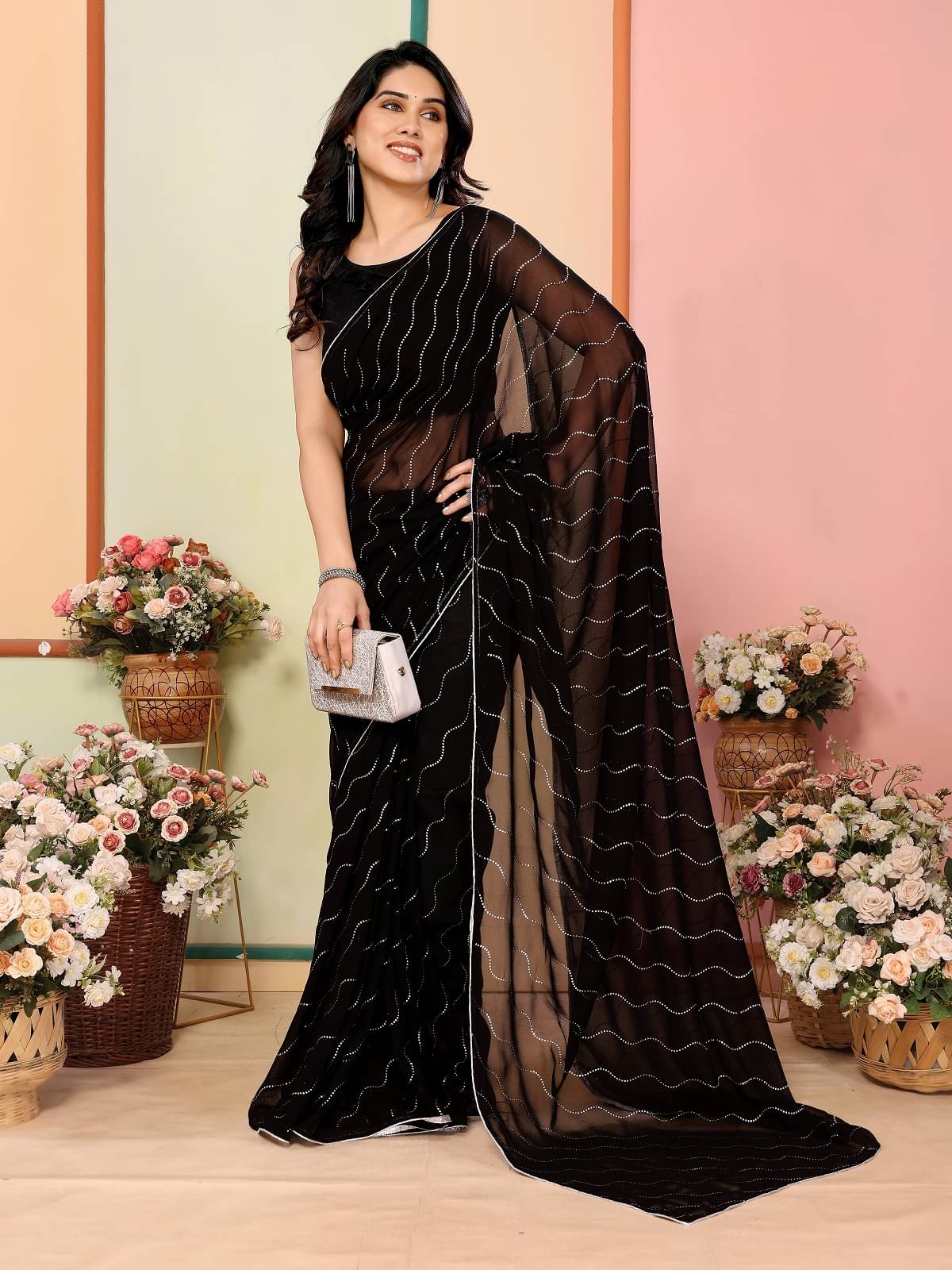     			Gazal Fashions Georgette Embellished Saree With Unstitched Blouse Piece ( Black )