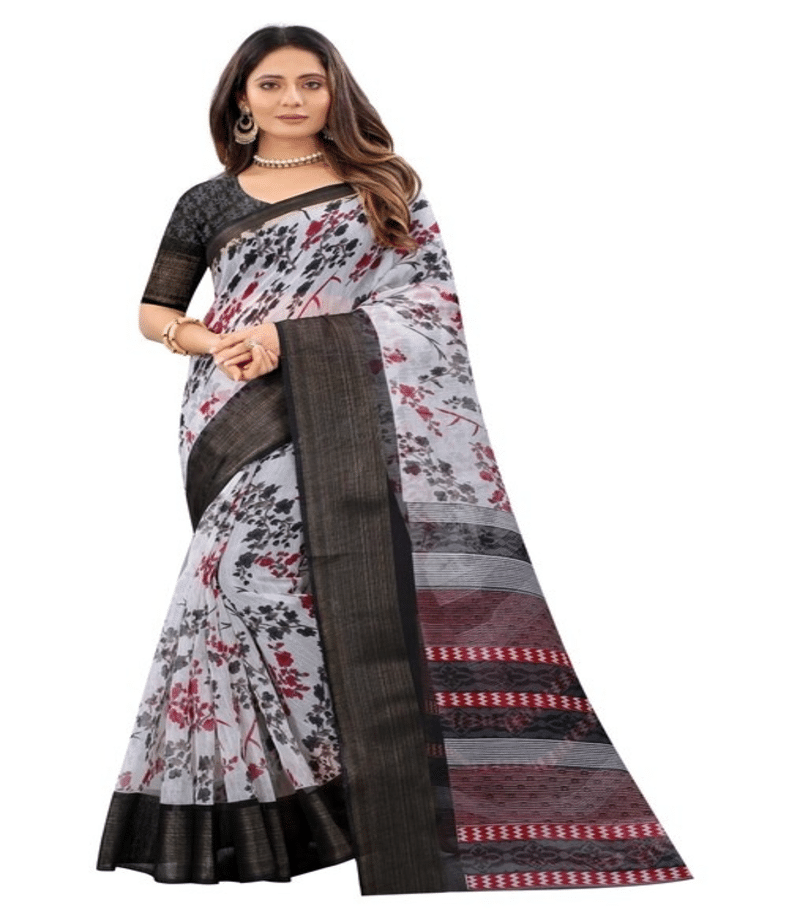     			Grubstaker Cotton Blend Printed Saree With Unstitched Blouse Piece ( White )