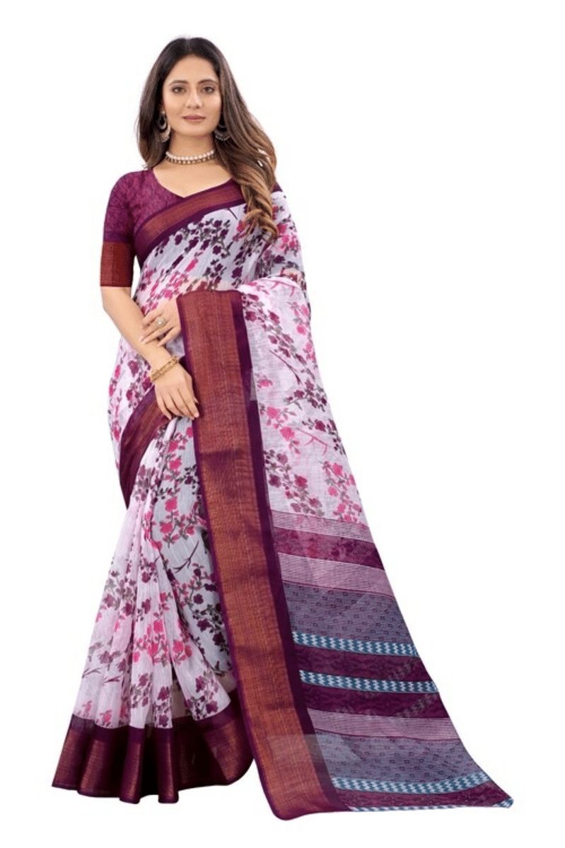 Grubstaker Cotton Blend Printed Saree With Unstitched Blouse Piece ( White ) Grubstaker Cotton Blend Printed Saree With Unstitched Blouse Piece ( White )