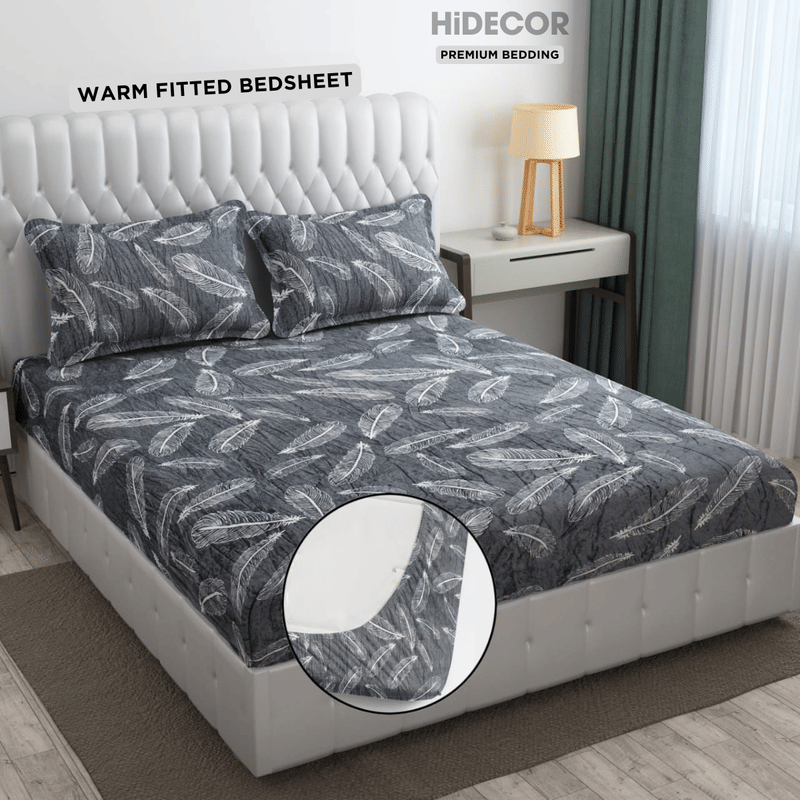 HIDECOR Woollen Abstract Fitted Fitted bedsheet with 2 Pillow Covers ( King Size ) - Gray     			HIDECOR Woollen Abstract Fitted Fitted bedsheet with 2 Pillow Covers ( King Size ) - Gray
